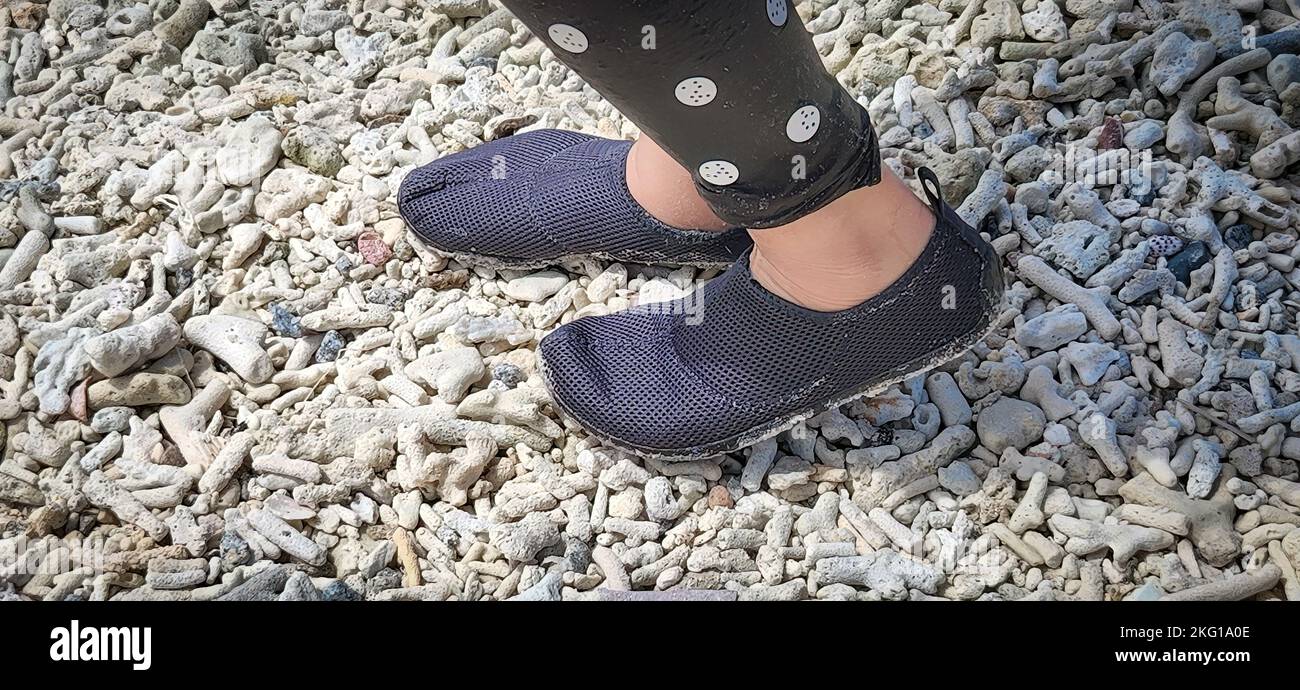 Camminando in aquashoes sui coralli morti alla spiaggia. Foto Stock