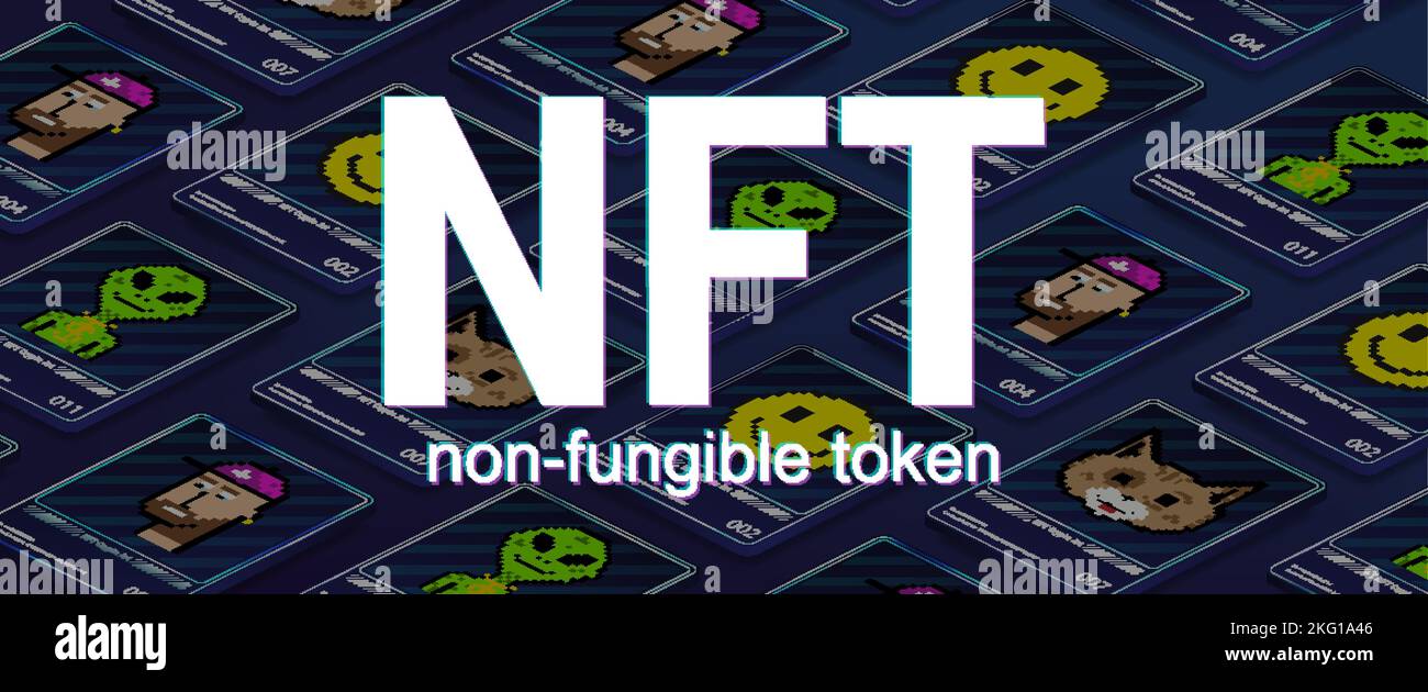 Banner NFT con cripto-arti isometriche sullo sfondo. Token NFT nella grafica crittografica Illustrazione Vettoriale