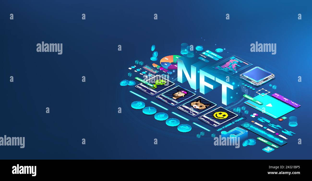 Gettone NFT card con cripto art. Gettoni digitali non fungibili con pixel art in isometrico Illustrazione Vettoriale