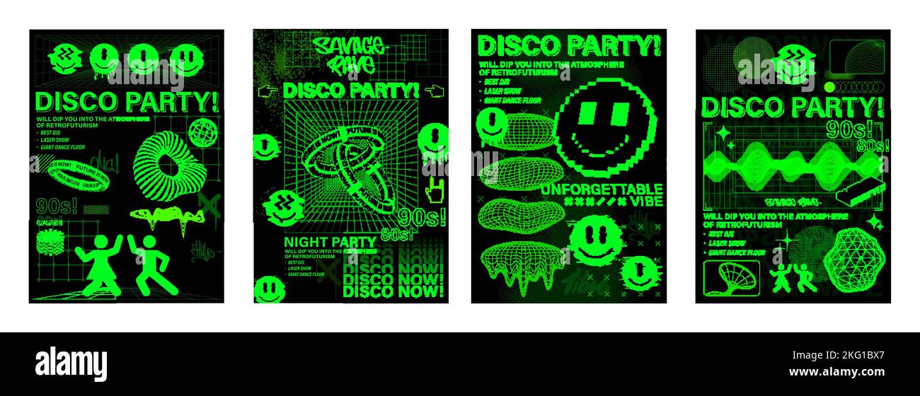 Rave poster trippy con colori e forme acidi alla moda in stile 90s 80s Illustrazione Vettoriale