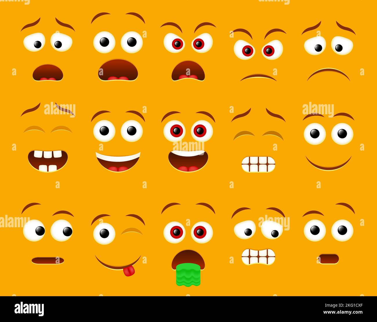Facce emoji per costruttore di emoticon, illustrazione vettoriale. Sorriso maschio creatore di carattere. Illustrazione Vettoriale