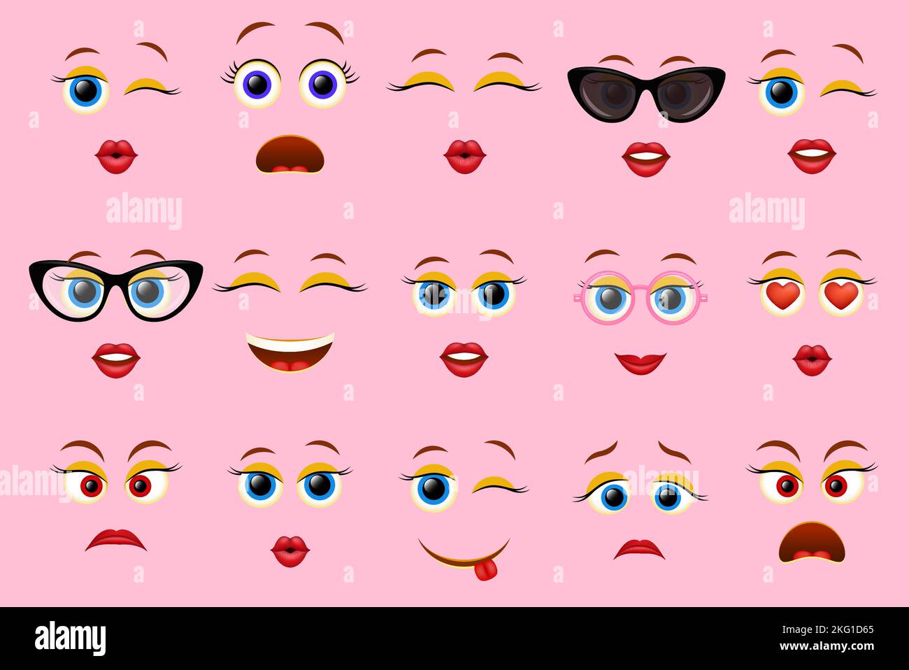 Facce emoji per costruttore di emoticon, illustrazione vettoriale. Sorridere il creatore del personaggio femminile. Illustrazione Vettoriale