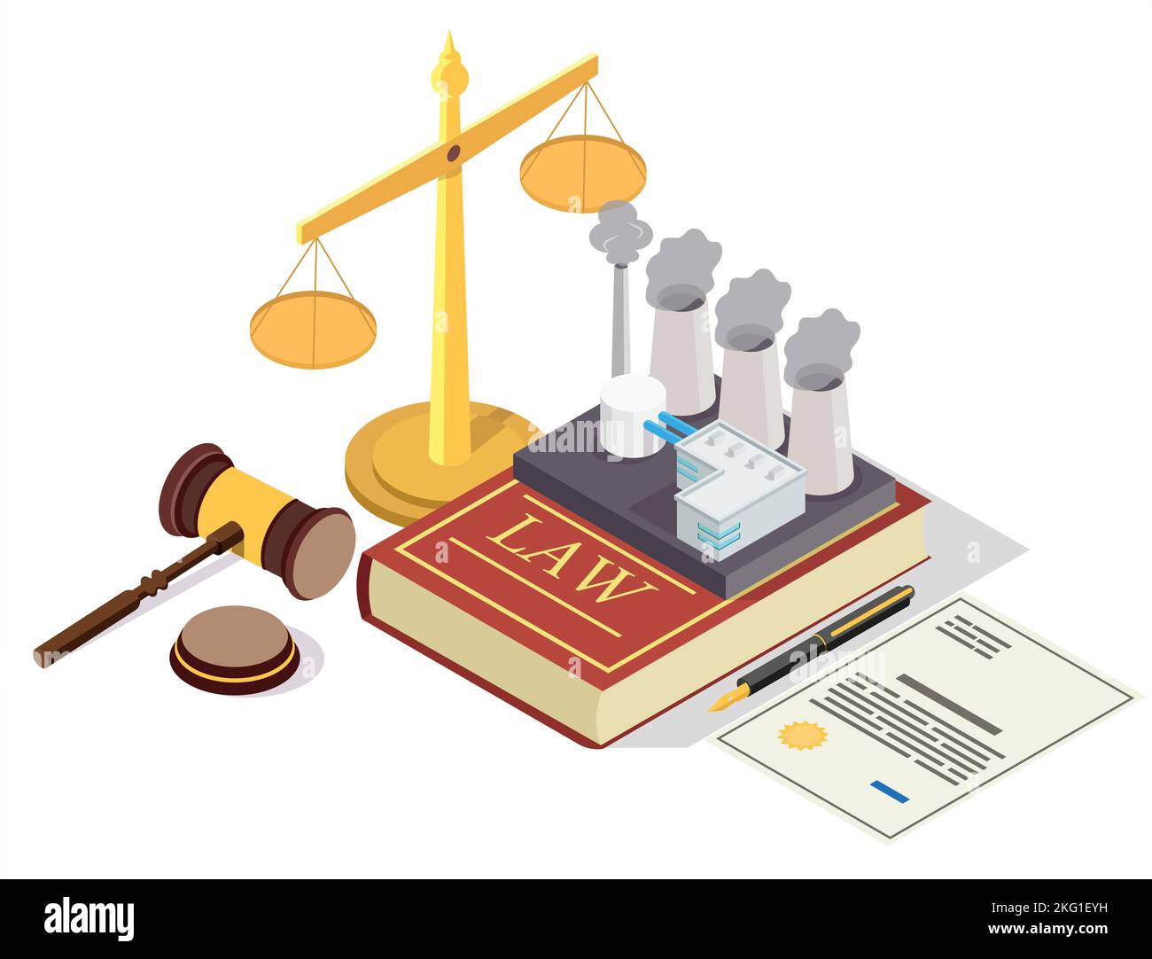 Illustrazione del concetto vettoriale della legge sulla prevenzione dell'inquinamento. Simboli legali Libro di legge con i camini di fabbrica industriale, scale di giustizia, giudice gavel. Isometr Illustrazione Vettoriale