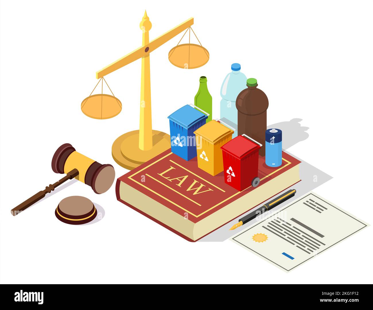 Illustrazione del concetto vettoriale delle leggi sul riciclaggio. Simboli legali Law book con bidoni dei rifiuti e rifiuti domestici, scale di giustizia, giudice di gavel, accordo. ISO Illustrazione Vettoriale