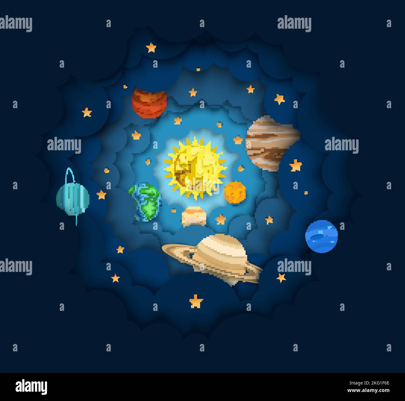 Sistema solare, illustrazione dello stile di taglio della carta a strati vettoriali. Il sole e i pianeti che lo orbitano. Scienza dell'astronomia, composizione dello spazio esterno per banner web, Illustrazione Vettoriale