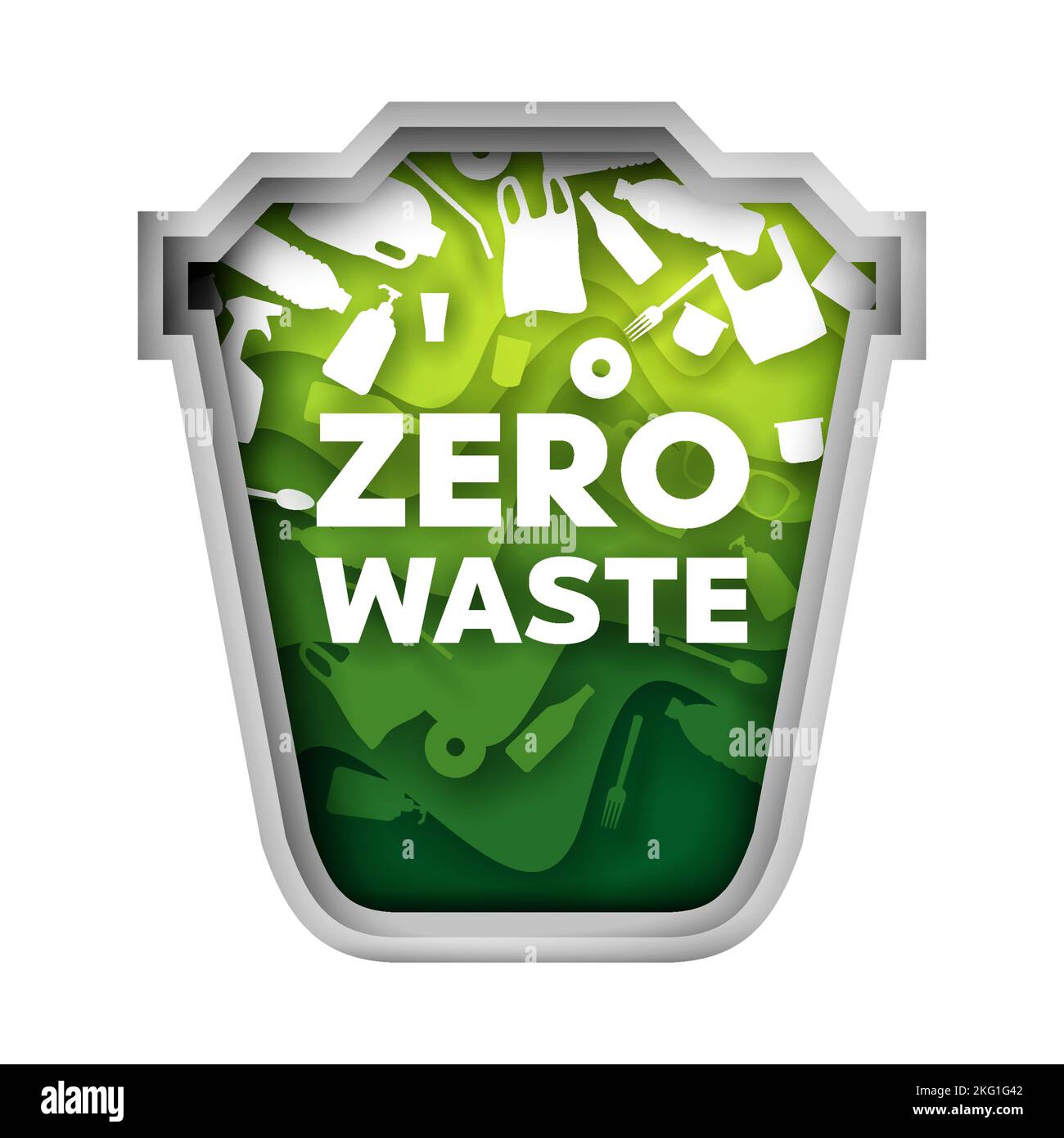 Carta a strati vettoriali taglio stile Zero rifiuti verde può con rifiuti di plastica. Vita senza concetto di plastica per banner web, pagina web ecc. Illustrazione Vettoriale