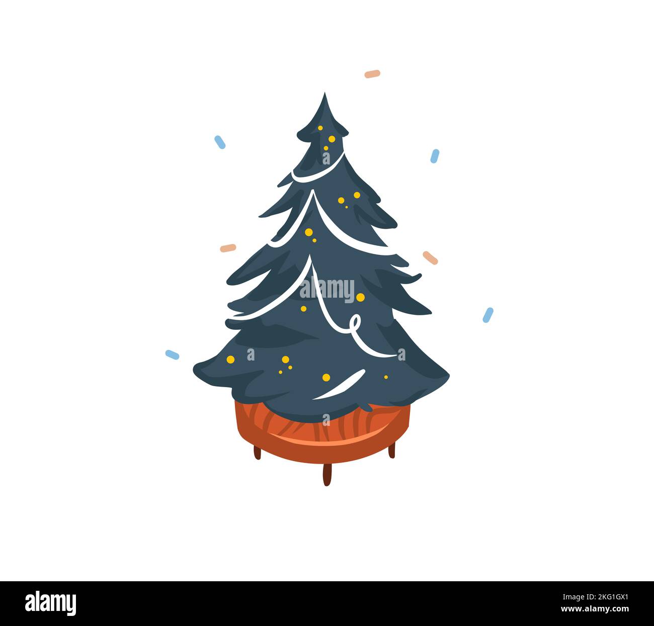 Mano disegnata vettore astratto divertimento stock piatto buon Natale, e felice cartone animato di Capodanno festivo con belle illustrazioni di grande decorato albero di Natale Illustrazione Vettoriale