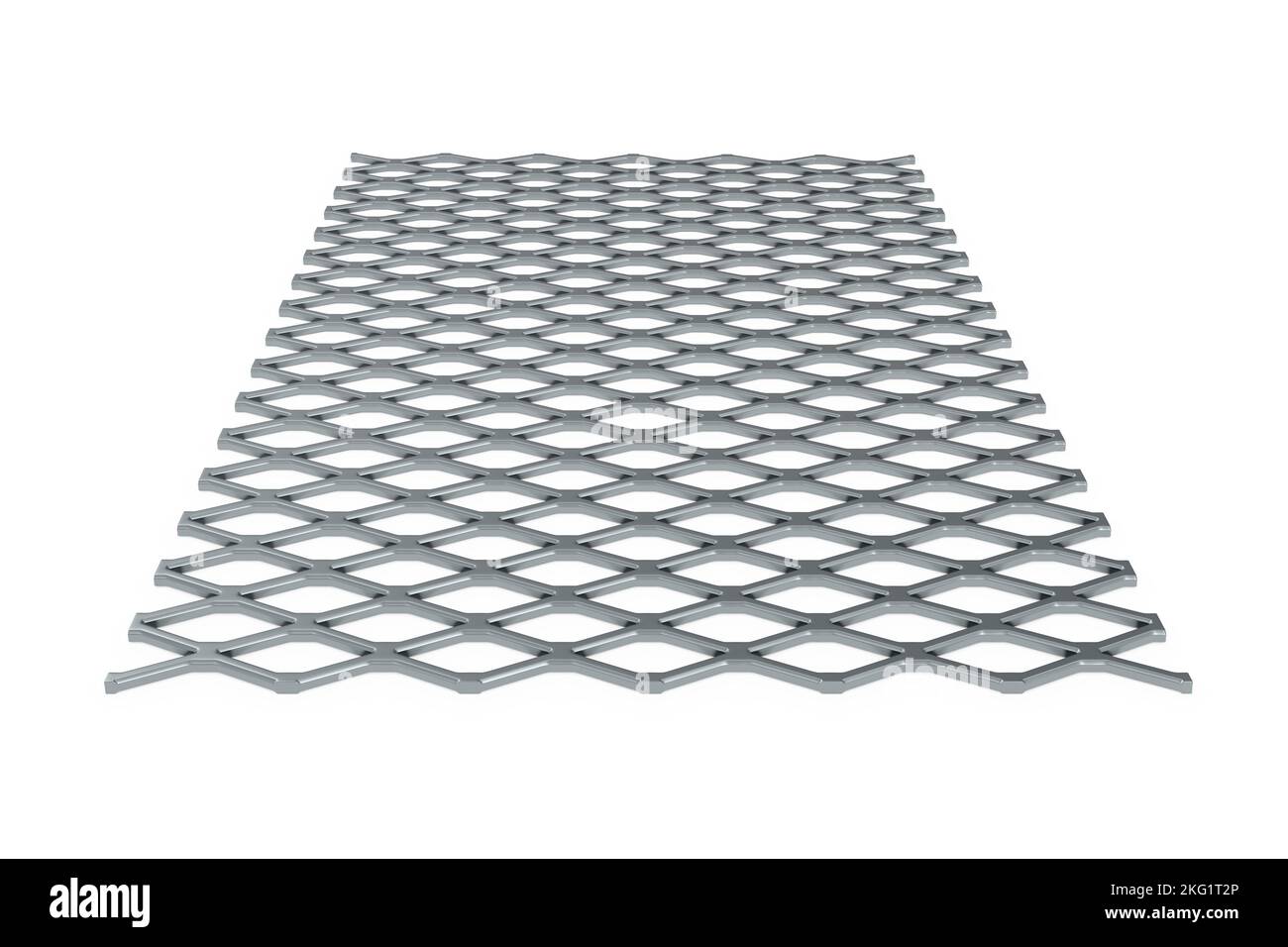 Lamiera d'acciaio espansa appiattita isolata su fondo bianco - rendering 3D Foto Stock