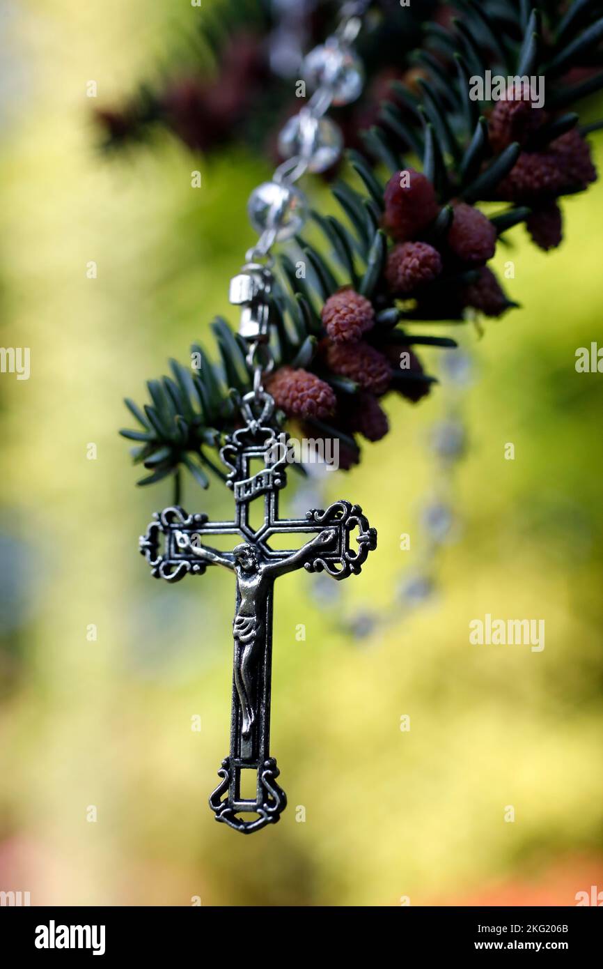 Rosario cattolico con Gesù sulla croce su un ramo di pino. Ecologia e concetto religioso. Foto Stock