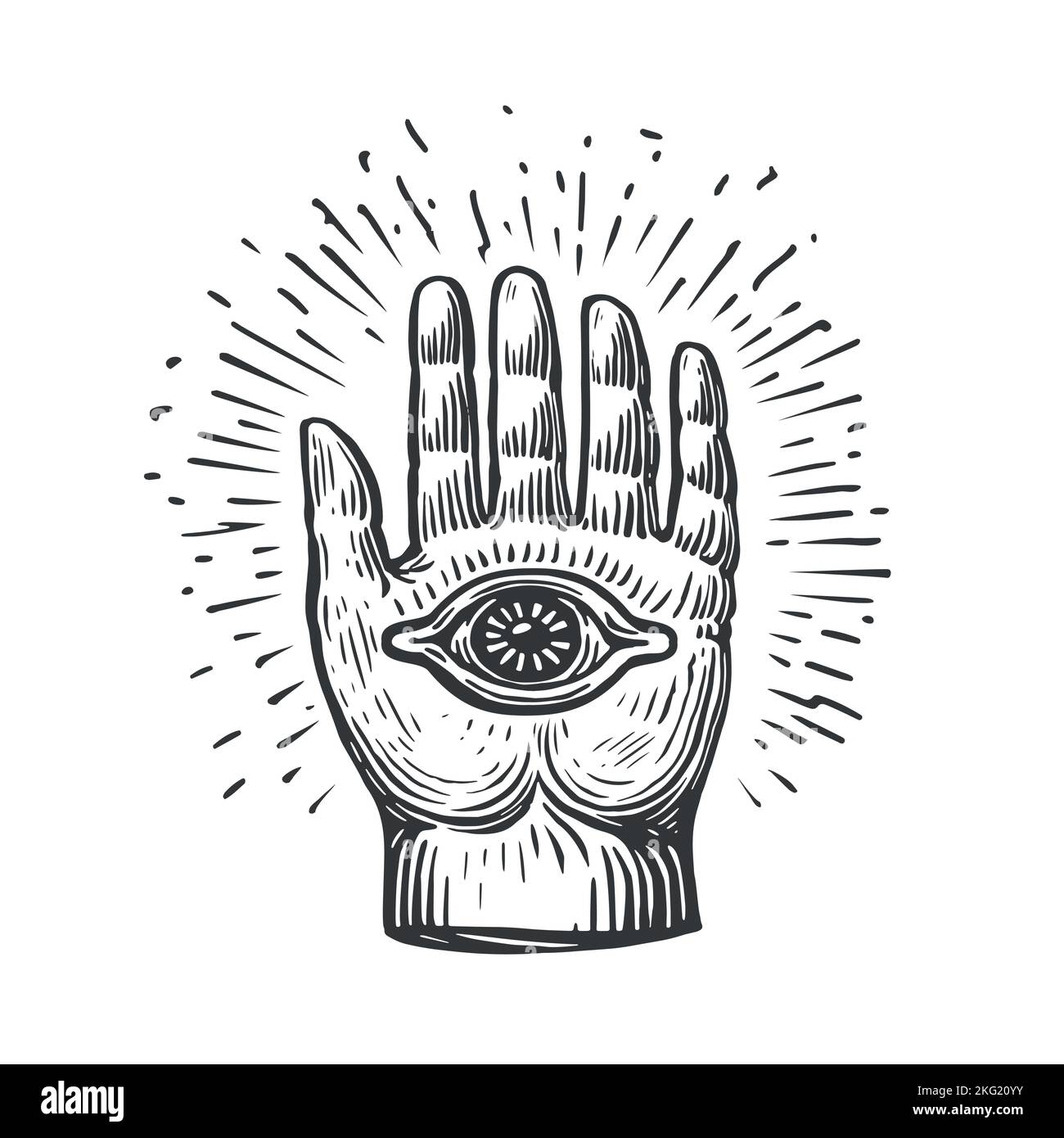 HAMSA o mano di Fatima segno. Amuleto, simbolo di protezione dall'occhio del diavolo. Illustrazione vettoriale di schizzo vintage disegnata a mano Illustrazione Vettoriale