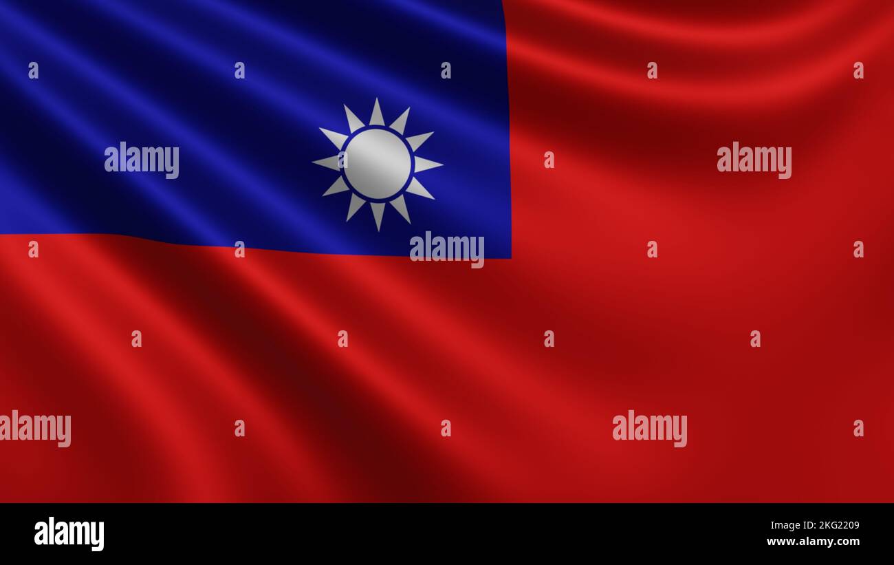 Resa della bandiera taiwanese sbatte in primo piano, la bandiera nazionale taiwanese in risoluzione 4K, primo piano, colori: RGB Foto Stock