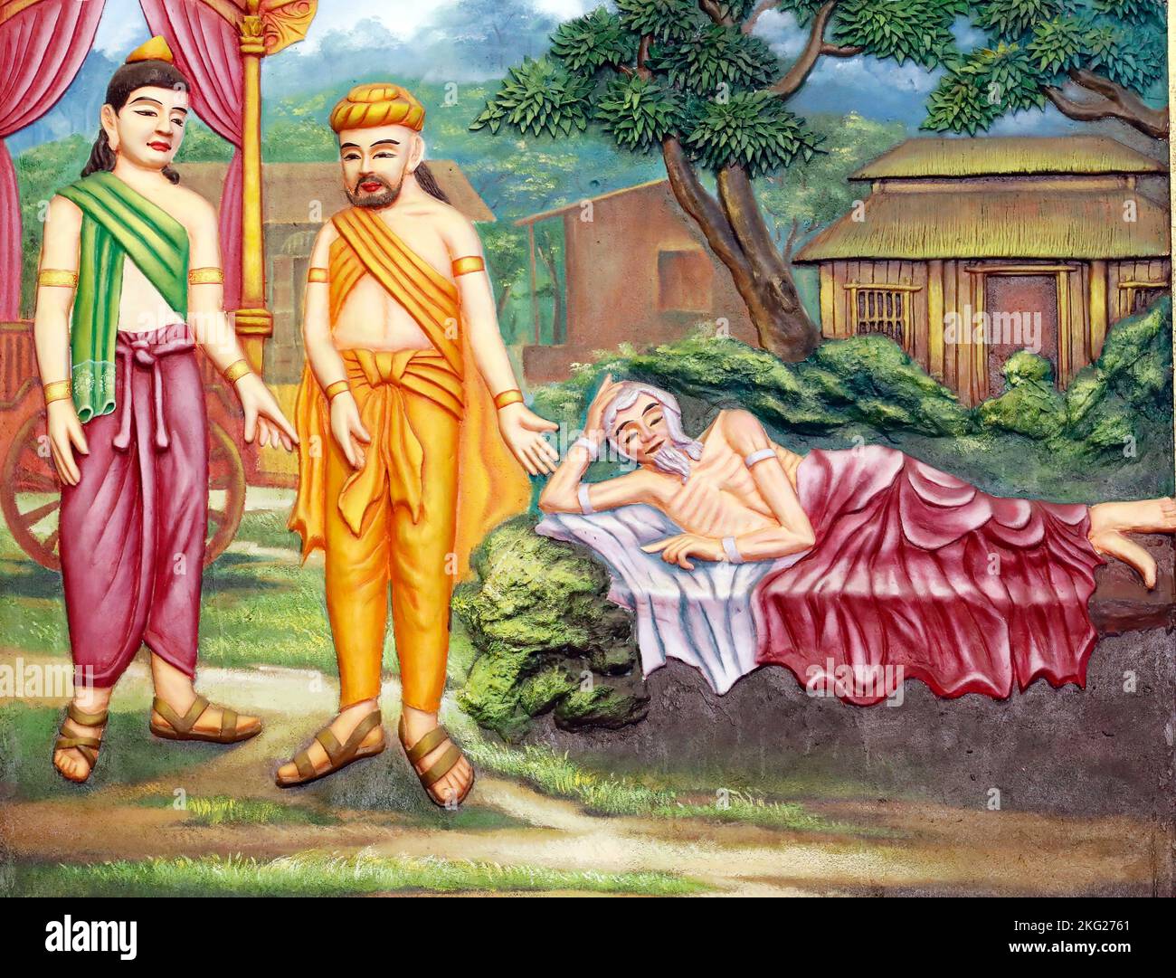 Tempio buddista di BA Vang. Durante la sua visita al parco reale, il principe Siddhartha vide i quattro grandi segni, cioè: Un vecchio, un malato, un cadavere un Foto Stock