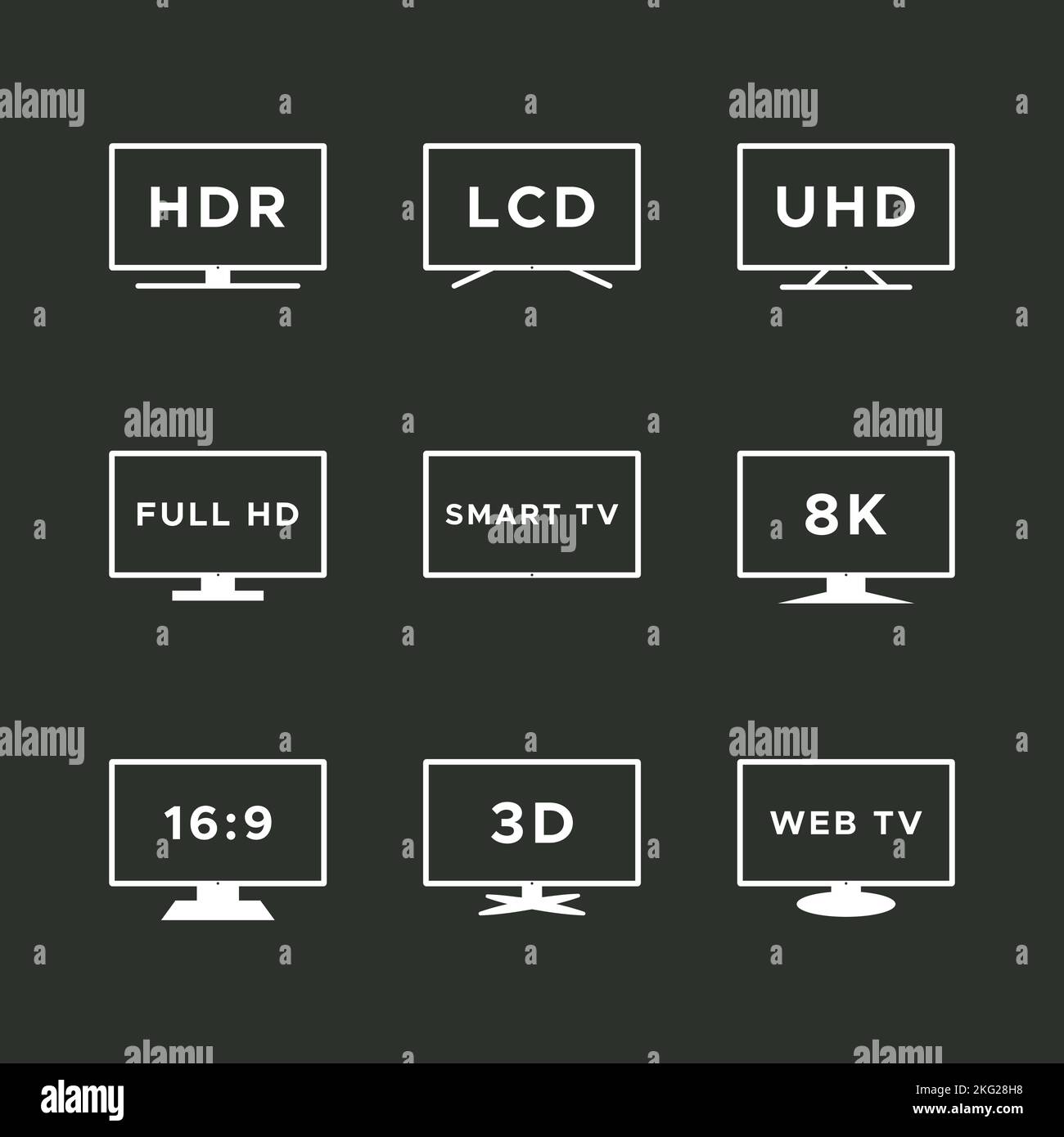 Set di icone Smart TV. Schermi TV con linea bianca isolati su sfondo nero. Funzioni Web TV: HDR, LCD, UHD, Full HD, 8K, 16:9. Illustrazione vettoriale, piatta de Illustrazione Vettoriale