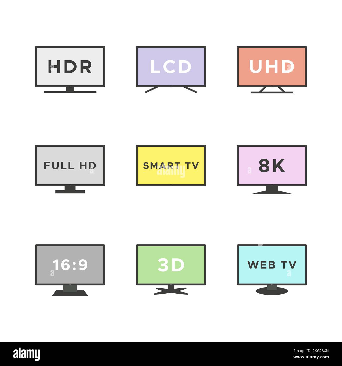 Set di icone Smart TV. Schermi TV colorati isolati su sfondo bianco. Funzioni Web TV: HDR, LCD, UHD, Full HD, 8K, 16:9. Illustrazione vettoriale, desi piatti Illustrazione Vettoriale