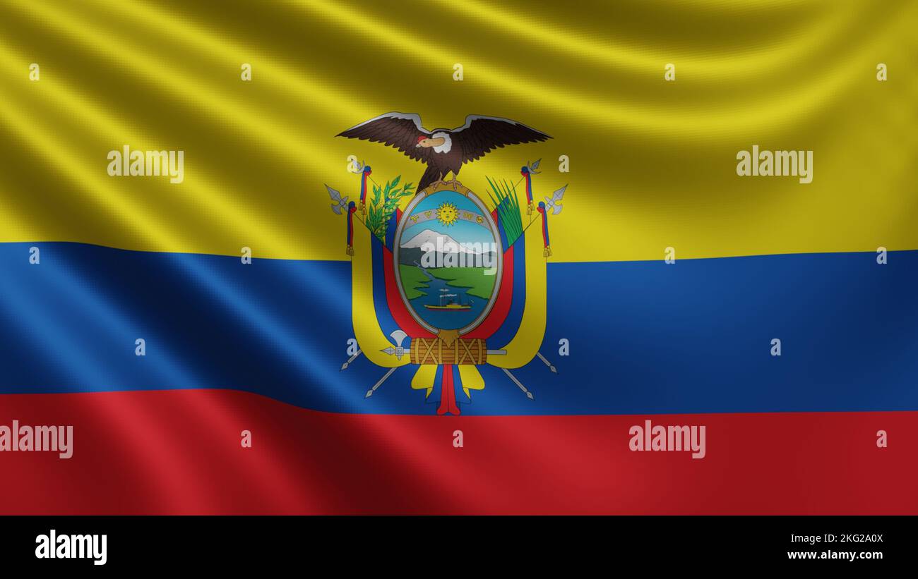 Resa della bandiera Ecuador flutters nel vento primo piano, la bandiera nazionale di Ecuador flutters in risoluzione 4K, primo piano, colori: RGB. Foto Stock