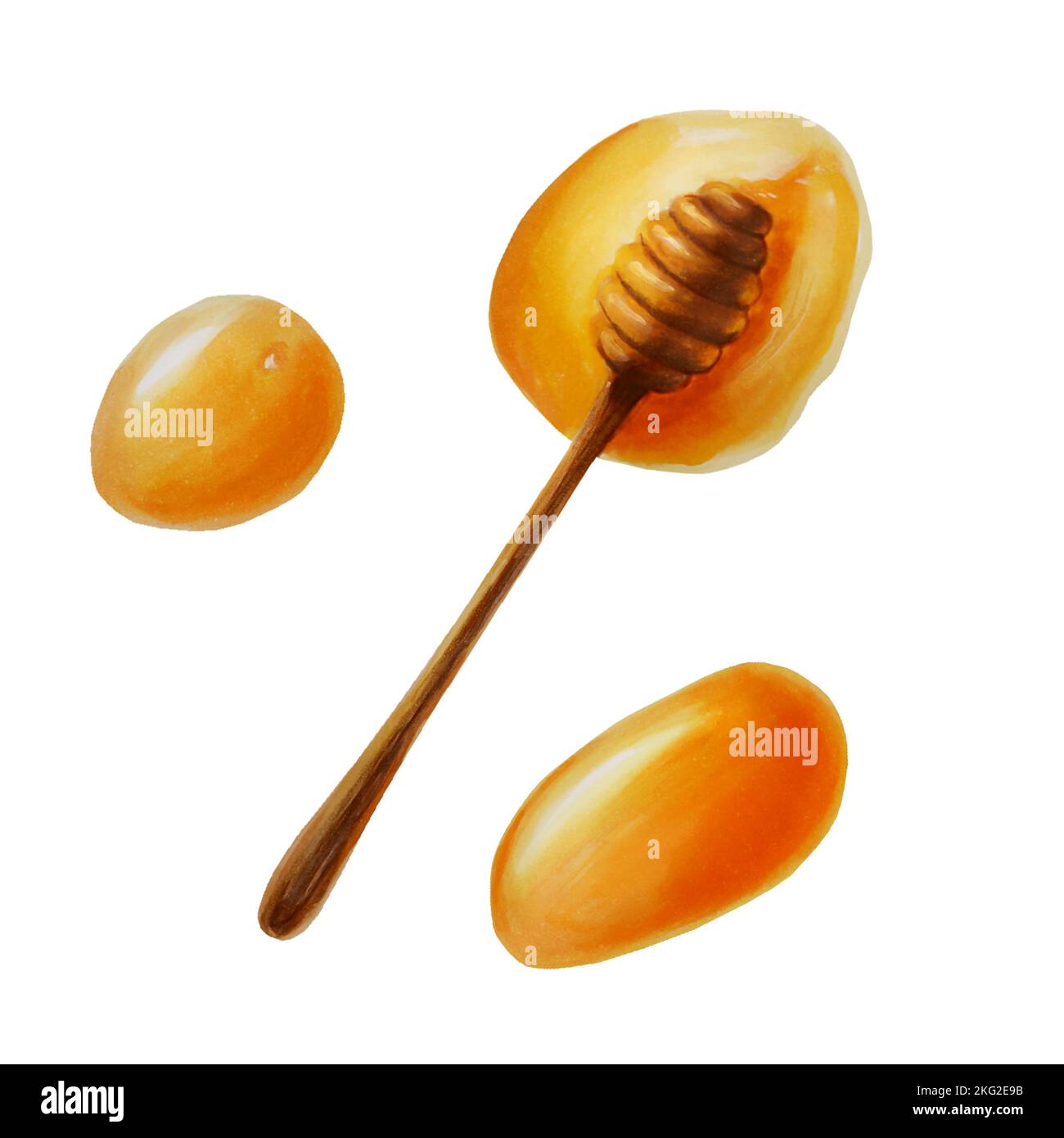 Acquerello insieme di miele su un bastone e gocce, gocciolando miele. Immunità disegnata a mano rafforzando set vitamine isolato illustrazione su sfondo di scrittura Foto Stock