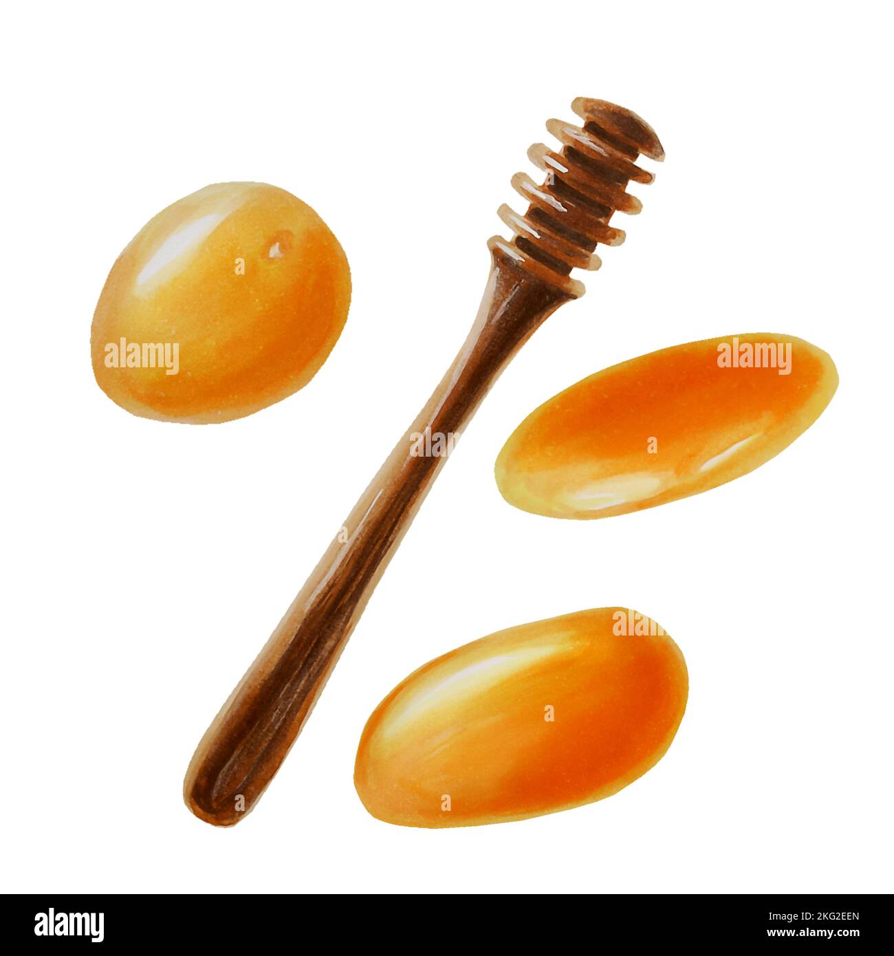 Acquerello insieme di miele su un bastone e gocce, gocciolando miele. Immunità disegnata a mano rafforzando set vitamine isolato illustrazione su sfondo di scrittura Foto Stock