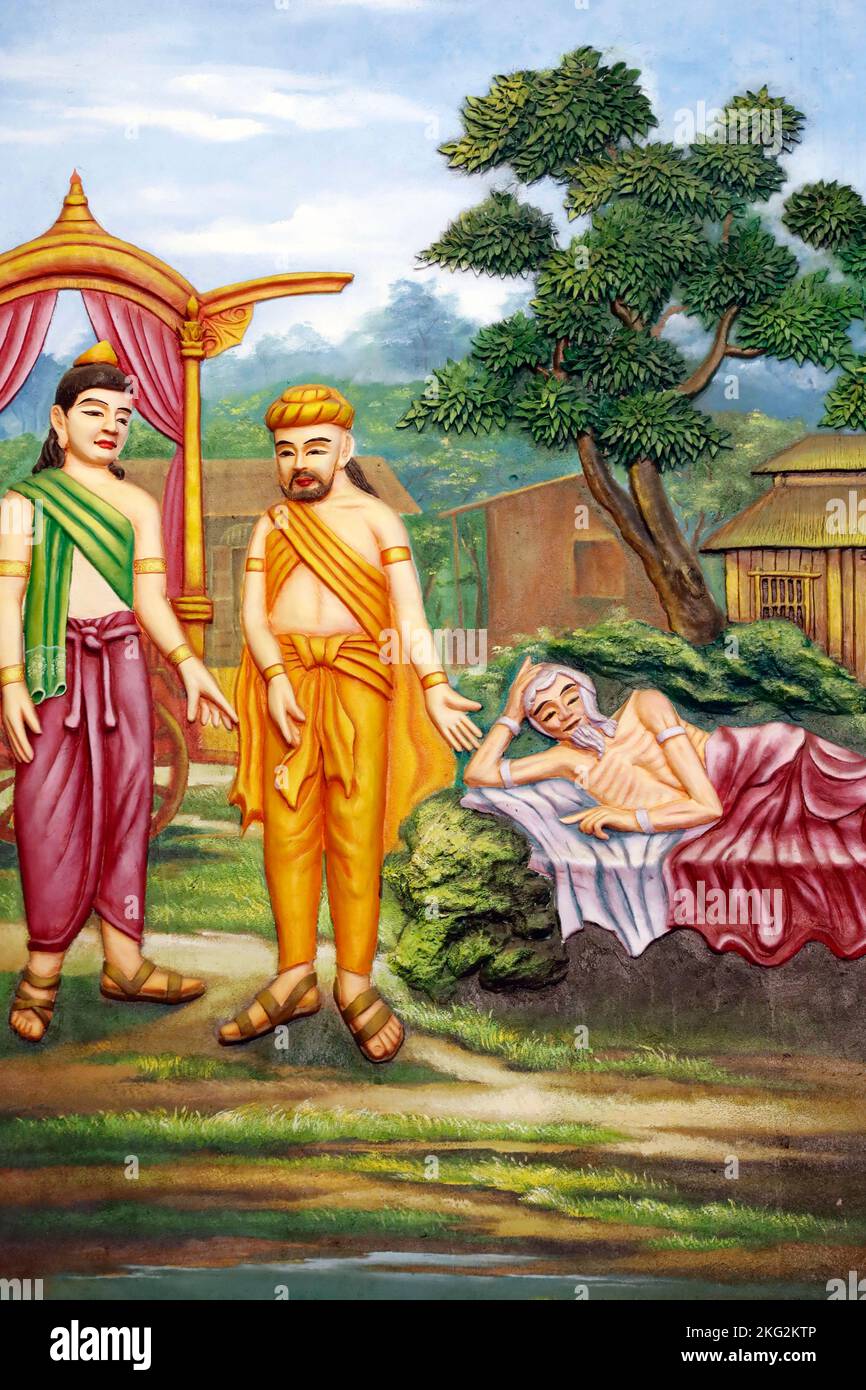 Tempio buddista di BA Vang. Durante la sua visita al parco reale, il principe Siddhartha vide i quattro grandi segni, cioè: Un vecchio, un malato, un cadavere un Foto Stock