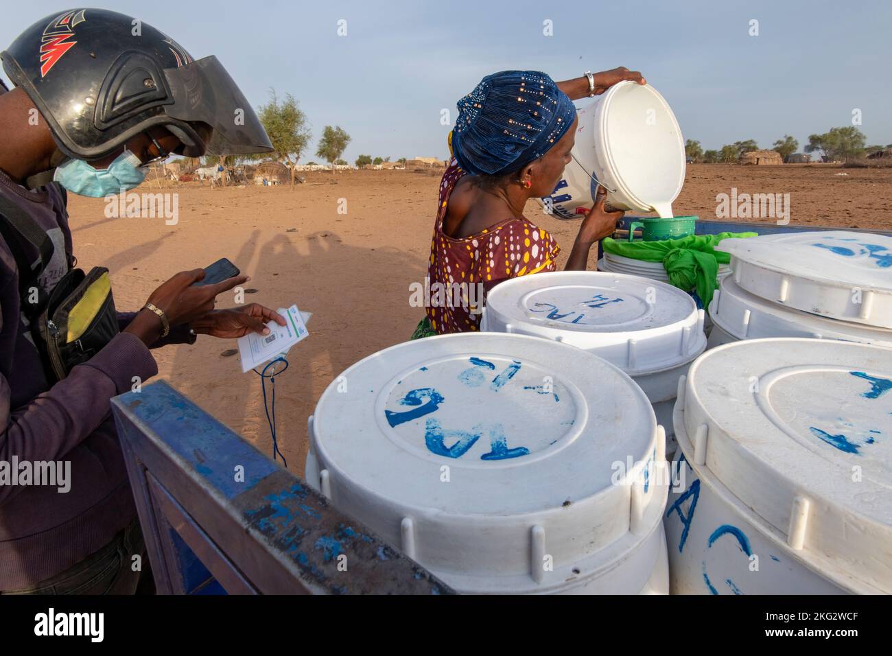 Scansione del codice QR da parte di un collezionista cooperativo Kossam per identificare un pastore che fornisce latte nel Senegal settentrionale Foto Stock