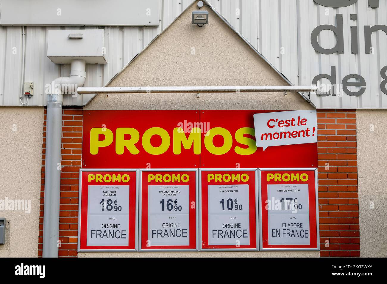 Supermercato pubblicità prezzi bassi in Eure, Francia Foto Stock
