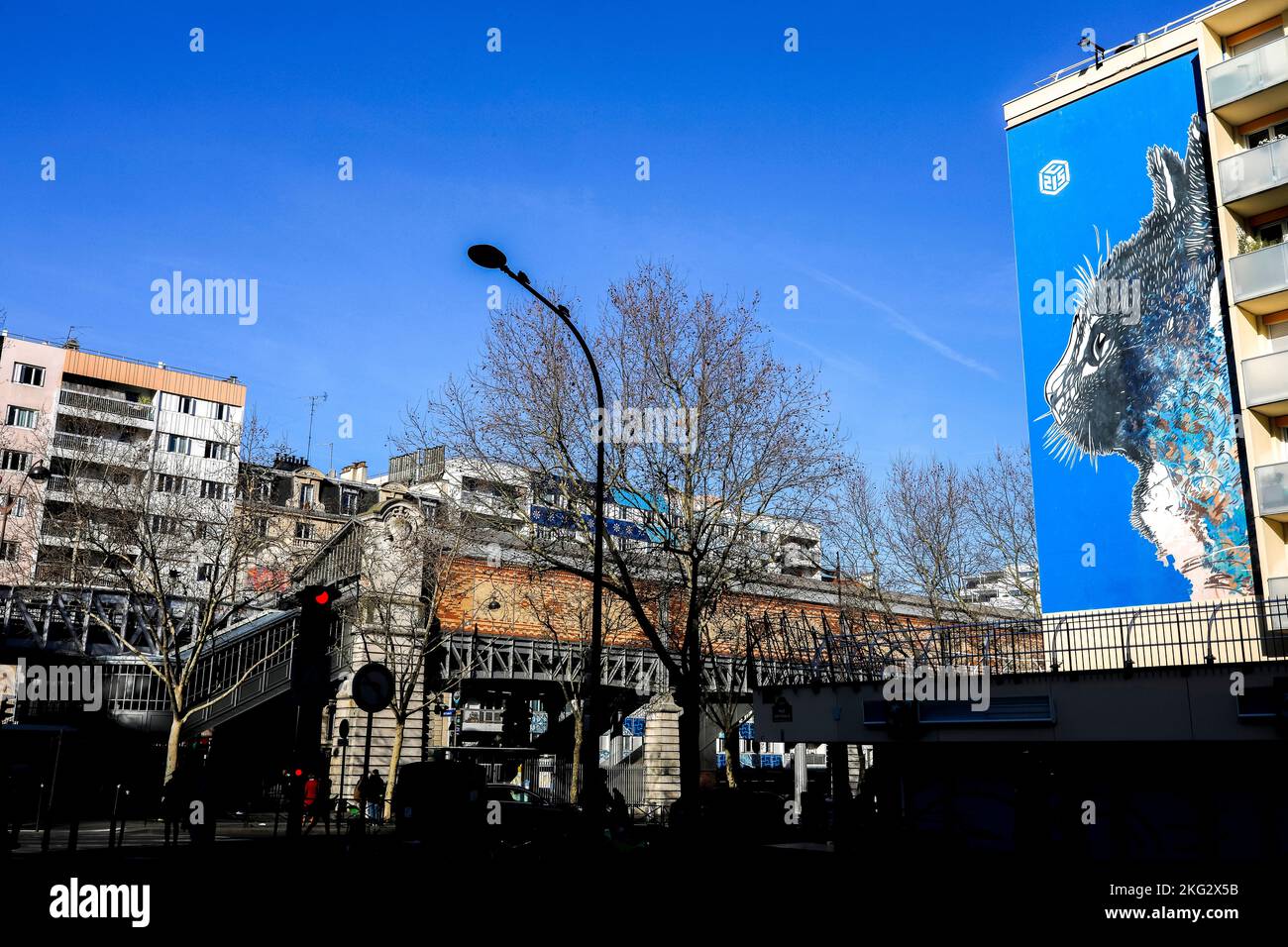 Edifici, arte di strada e metropolitana sopraelevata a Parigi 13, Francia. Il gatto blu, di C215, Christian GuemyCette immagine n'est pas tombée dans le domaine publ Foto Stock