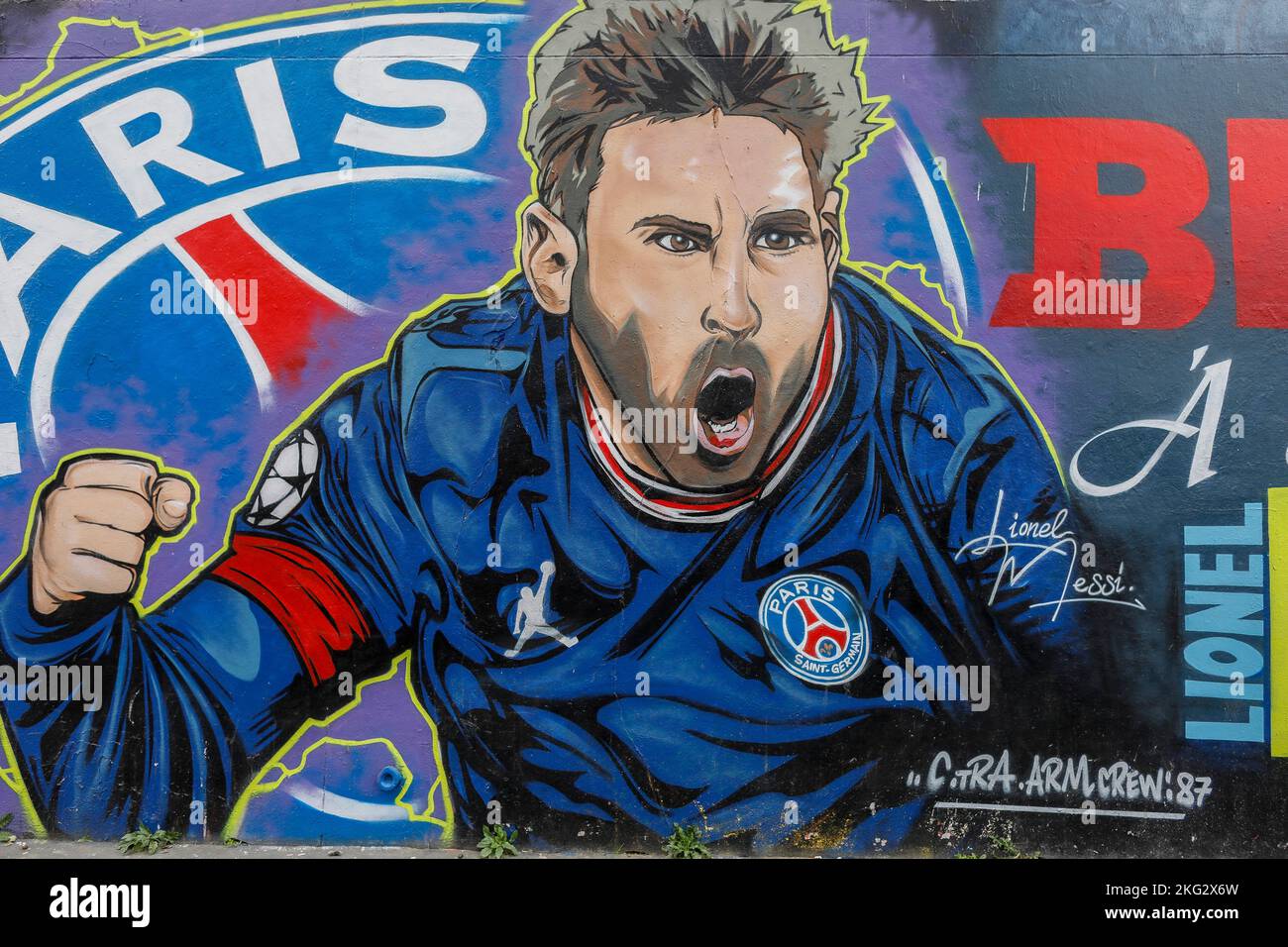 Street art di Citra-Arm Crew a Parigi, Francia. Giocatore di calcio Lionel messi Foto Stock