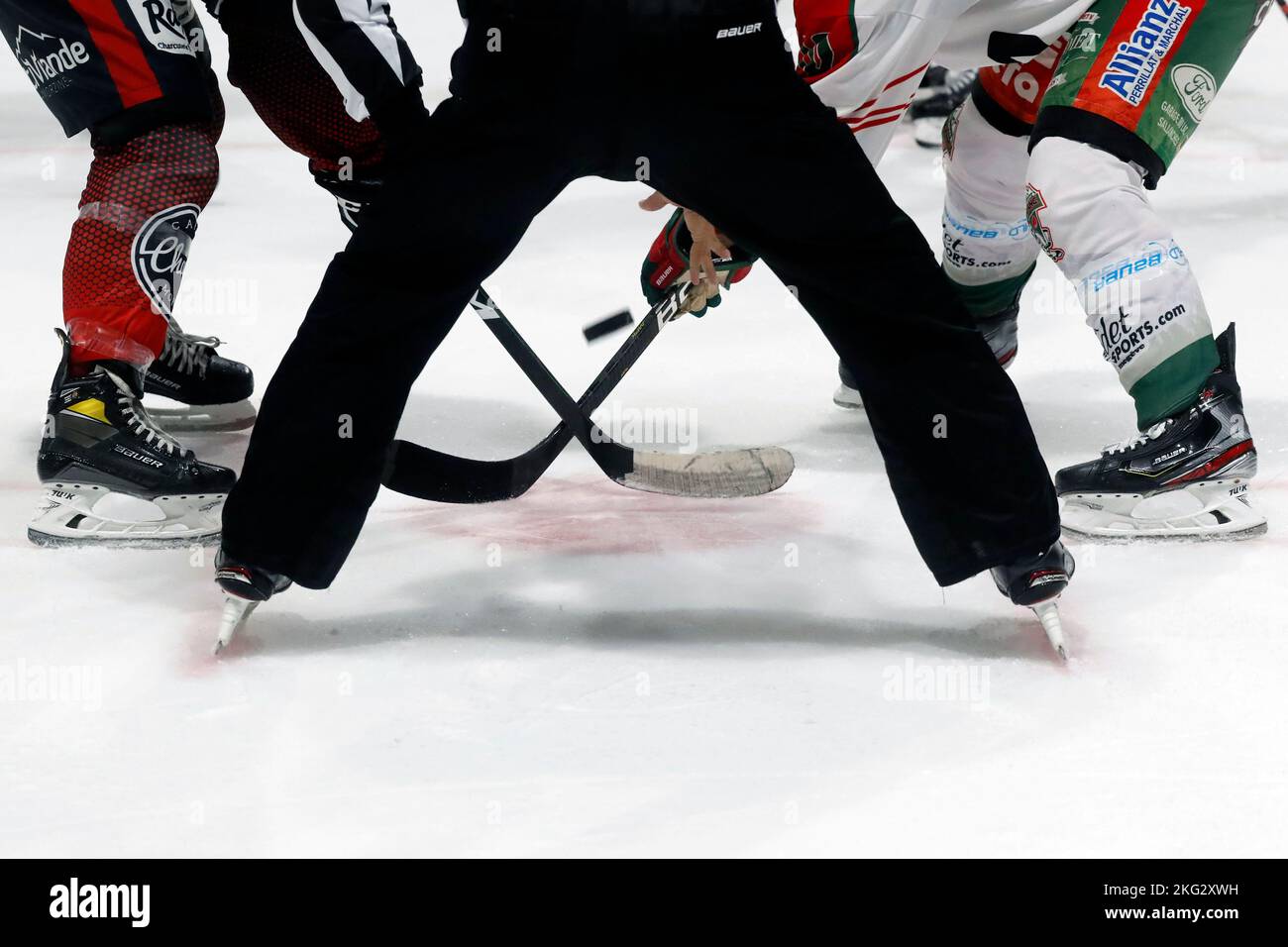 Partita di hockey su ghiaccio. Squadra di hockey. HC Mont-Blanc. Francia. Foto Stock