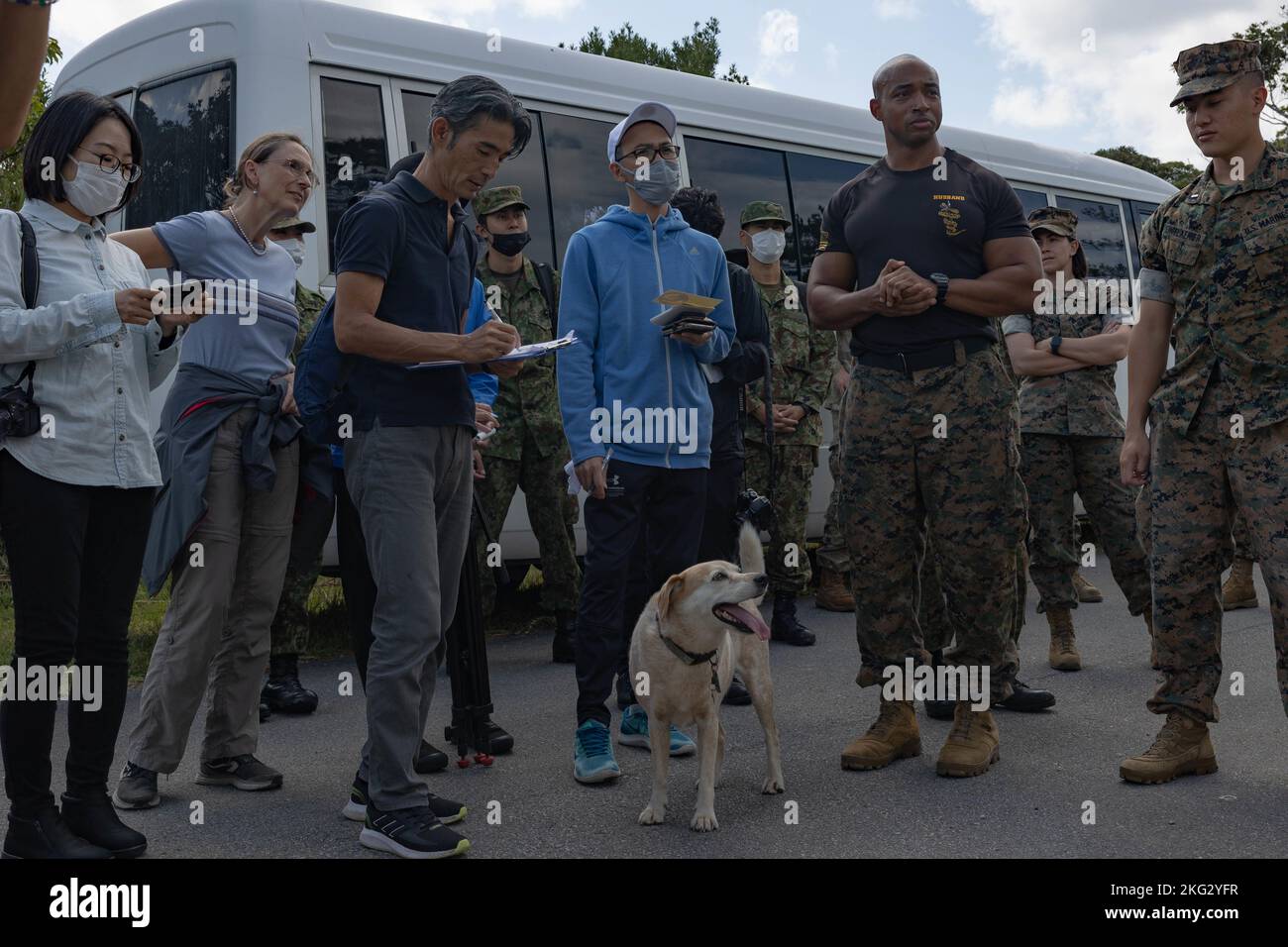I Marines degli Stati Uniti con la III forza di spedizione marina, i membri della forza di autodifesa di terra del Giappone e i rappresentanti dei mezzi di Okinawan, osservano un corso di medicina della giungla al centro di addestramento di guerra della giungla, Okinawa, Giappone, 26 ottobre 2022. III MEF ha ospitato un seminario sui media per i rappresentanti dei media di Okinawan per fornire una migliore comprensione di ciò che il III MEF fa al fine di migliorare le relazioni con la loro nazione ospitante. I rappresentanti dei media hanno avuto l'opportunità di volare su aerei militari, osservare le gamme di fuoco vivo e visitare il JWTC. Foto Stock