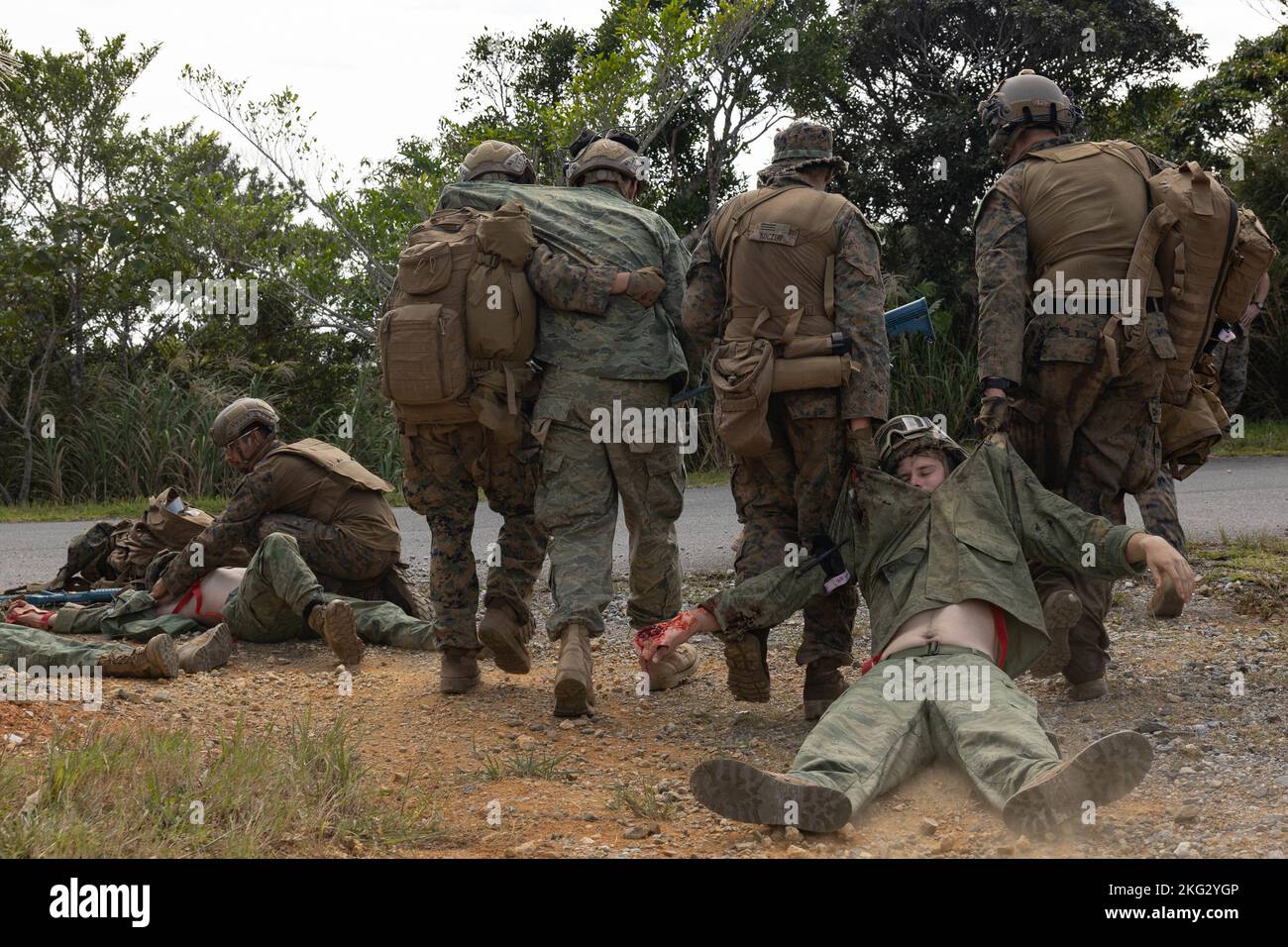 I marinai statunitensi e della Marina assegnati alla III Marine Expeditionary Force partecipano a un corso di medicina nella giungla presso il Jungle Warfare Training Center di Okinawa, Giappone, 26 ottobre 2022. III MEF ha ospitato un seminario sui media per i rappresentanti dei media di Okinawan per fornire una migliore comprensione di ciò che il III MEF fa al fine di migliorare le relazioni con la loro nazione ospitante. I rappresentanti dei media hanno avuto l'opportunità di volare su aerei militari, osservare le gamme di fuoco vivo e visitare il JWTC. Foto Stock