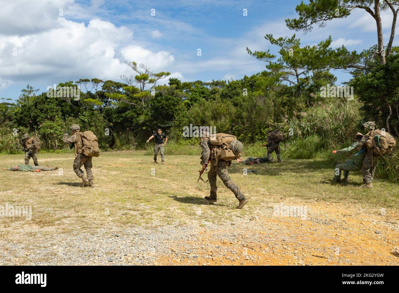I marinai statunitensi e della Marina assegnati alla III Marine Expeditionary Force partecipano a un corso di medicina nella giungla presso il Jungle Warfare Training Center di Okinawa, Giappone, 26 ottobre 2022. III MEF ha ospitato un seminario sui media per i rappresentanti dei media di Okinawan per fornire una migliore comprensione di ciò che il III MEF fa al fine di migliorare le relazioni con la loro nazione ospitante. I rappresentanti dei media hanno avuto l'opportunità di volare su aerei militari, osservare le gamme di fuoco vivo e visitare il JWTC. Foto Stock