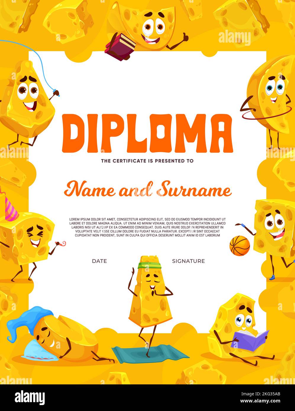 Diploma per bambini con cartoni animati gouda e maasdam, modello di certificato vettoriale. Diploma di educazione per bambini con divertenti teste di formaggio sullo sport e lo yoga, il gioco e il basket Illustrazione Vettoriale