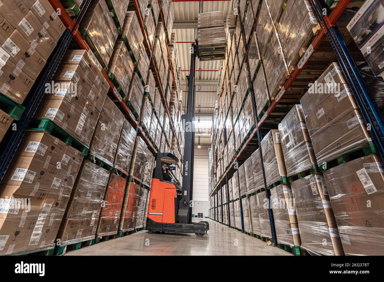 Inquadratura a basso angolo del conducente di carrelli elevatori professionale in fabbrica con uso della macchina per spostare la scatola di cartone per merci pesanti dallo scaffale nel magazzino Foto Stock