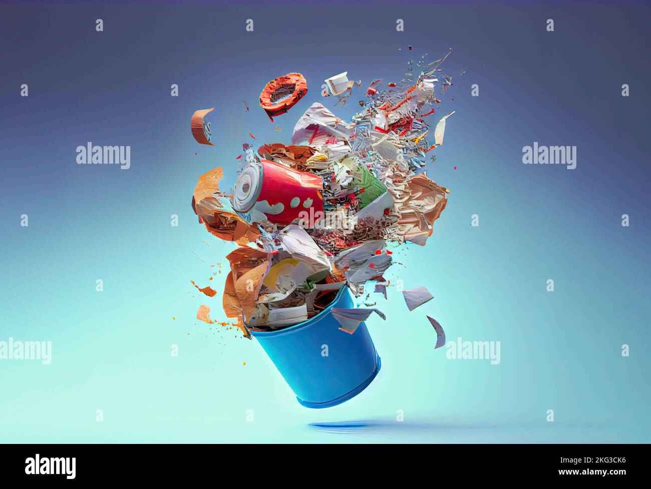 Ci sono rifiuti in tutto il luogo su uno sfondo blu studio, che simboleggia un disastro ambientale e l'inquinamento, e nessun riciclaggio dei rifiuti in Foto Stock