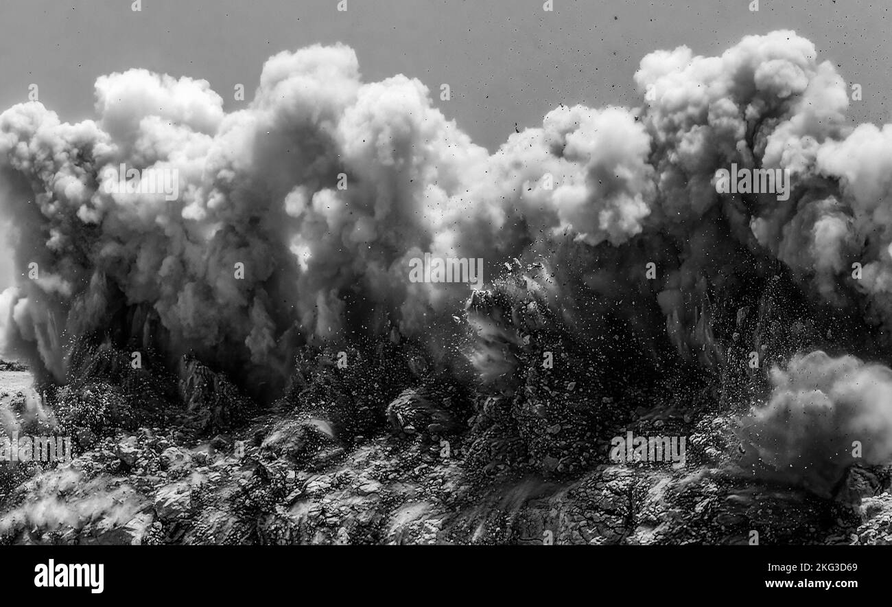 Tempesta di polvere bianca e nera nel deserto arabo a causa della detonazione Foto Stock
