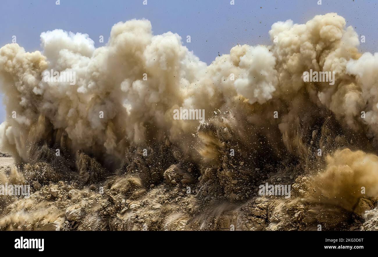 Tempesta di polvere e particelle di roccia durante la sabbiatura dei detonatori nel sito minerario Foto Stock