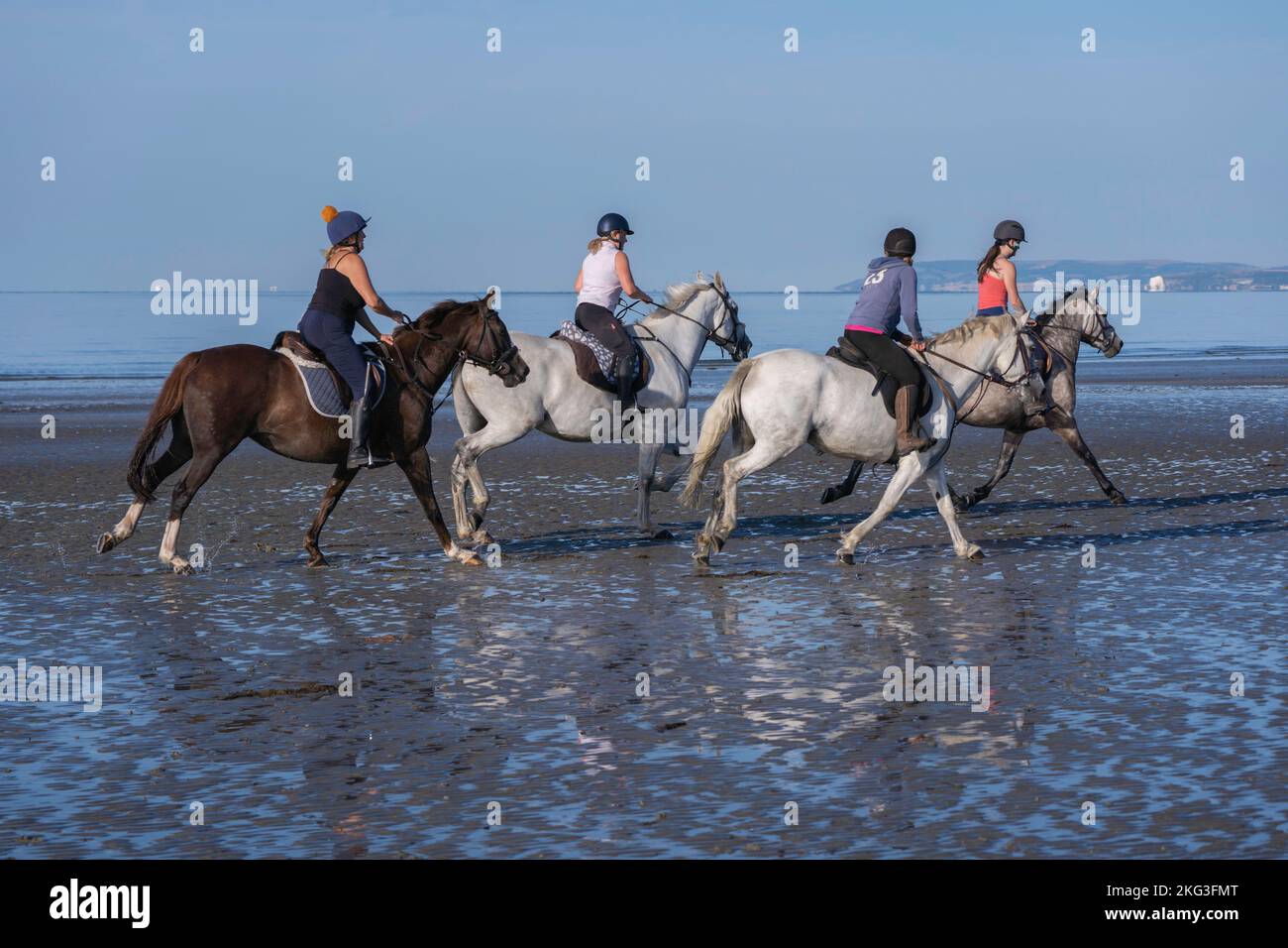 Passeggiate a cavallo sulla spiaggia di West Wittering durante l'estate. Foto Stock