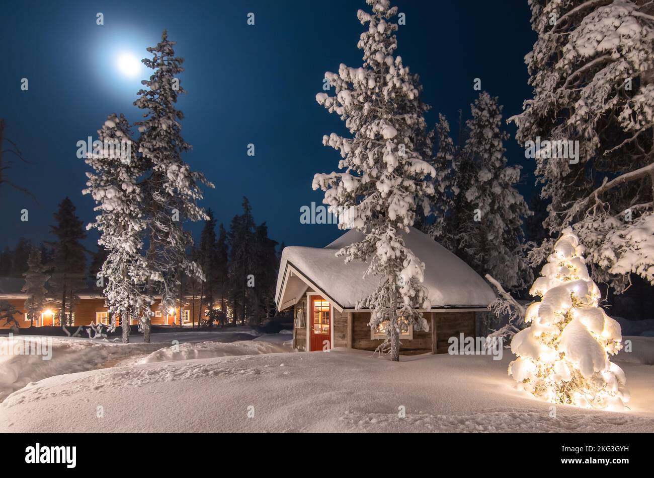 Ambiente invernale e natalizio all'aperto con cabina in legno nel bosco. Paesaggio forestale invernale a luna piena, Finlandia, Lapponia. Foto Stock