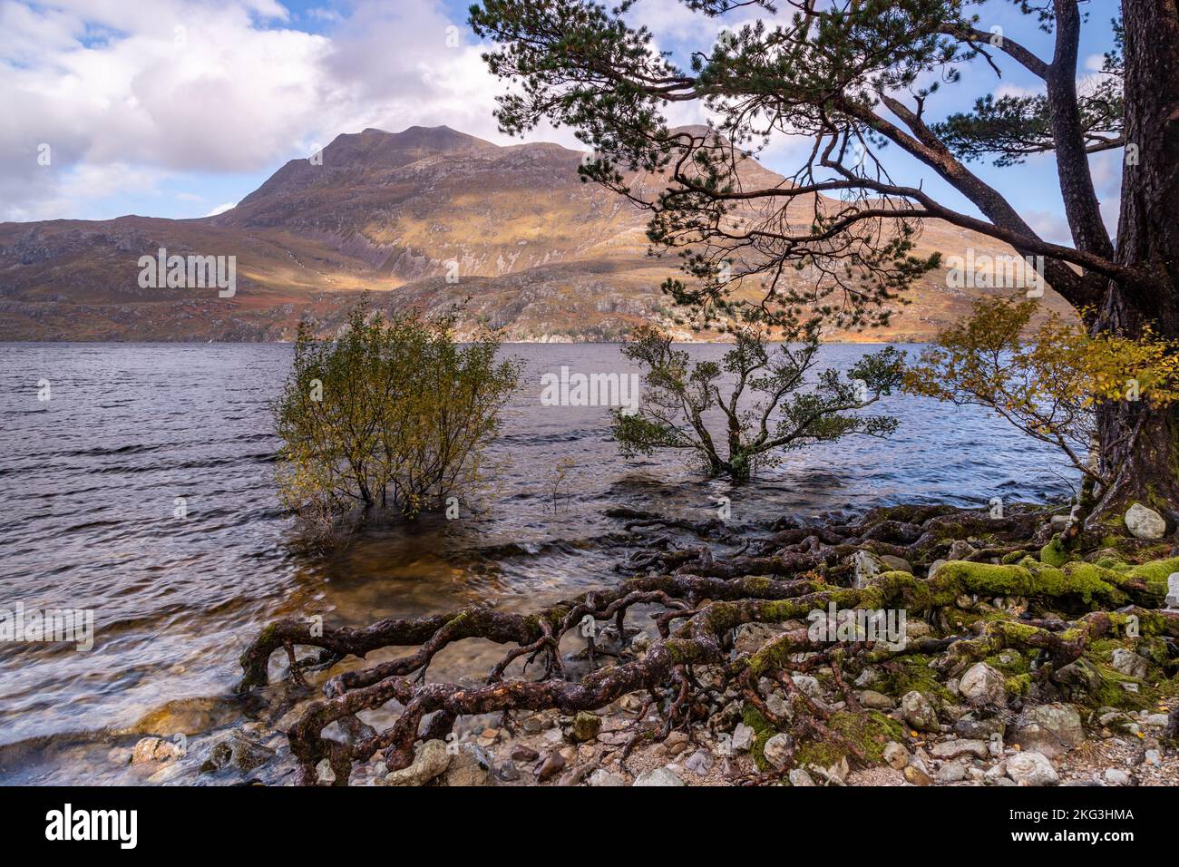 Loch Maree e la montagna di Slioch negli altopiani della Scozia Foto Stock