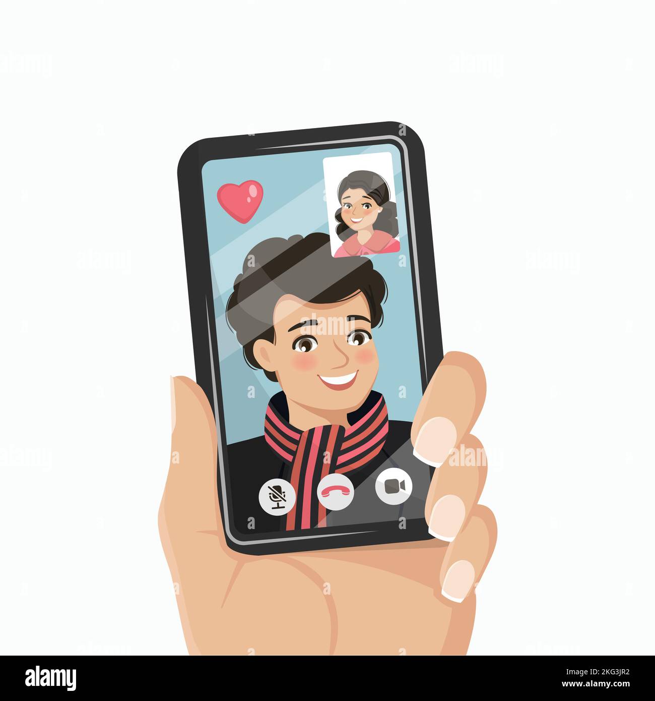 Un giovane uomo ha una videochiamata con la sua ragazza in uno smartphone. Illustrazione vettoriale Illustrazione Vettoriale