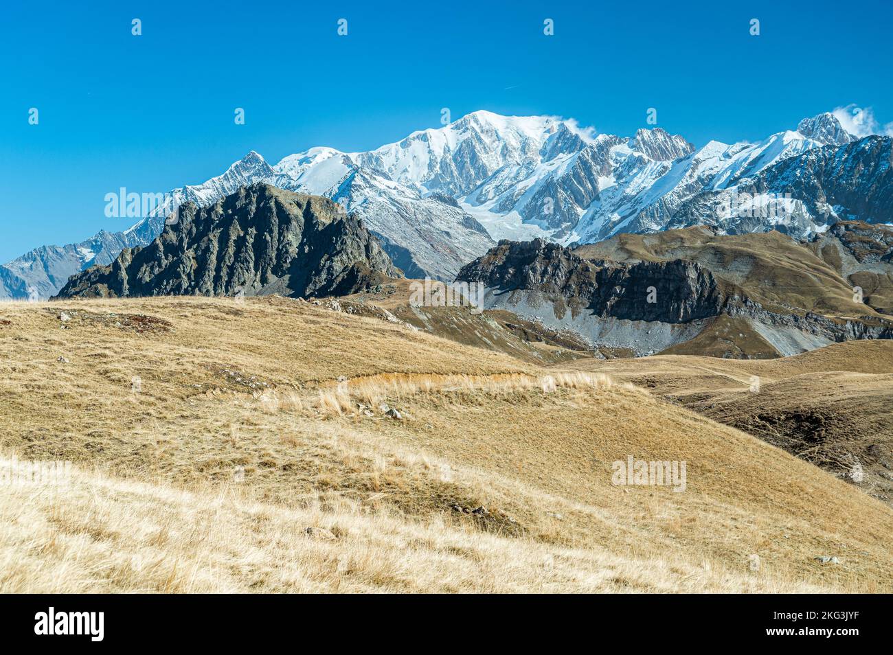 Magnifico colpo di campo d'erba secca con cime innevate in estate sotto il cielo limpido nella Savoia, Francia Foto Stock