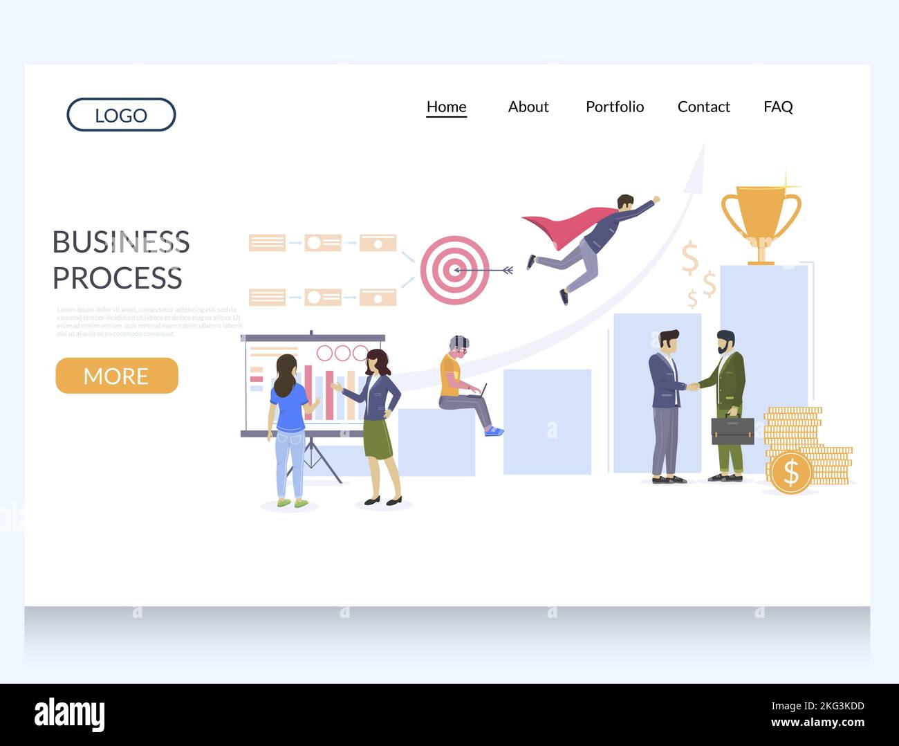 Modello di sito web vettoriale per processi aziendali, pagina web e landing page per lo sviluppo di siti web e mobili. Crescita aziendale, risultati, wor Illustrazione Vettoriale