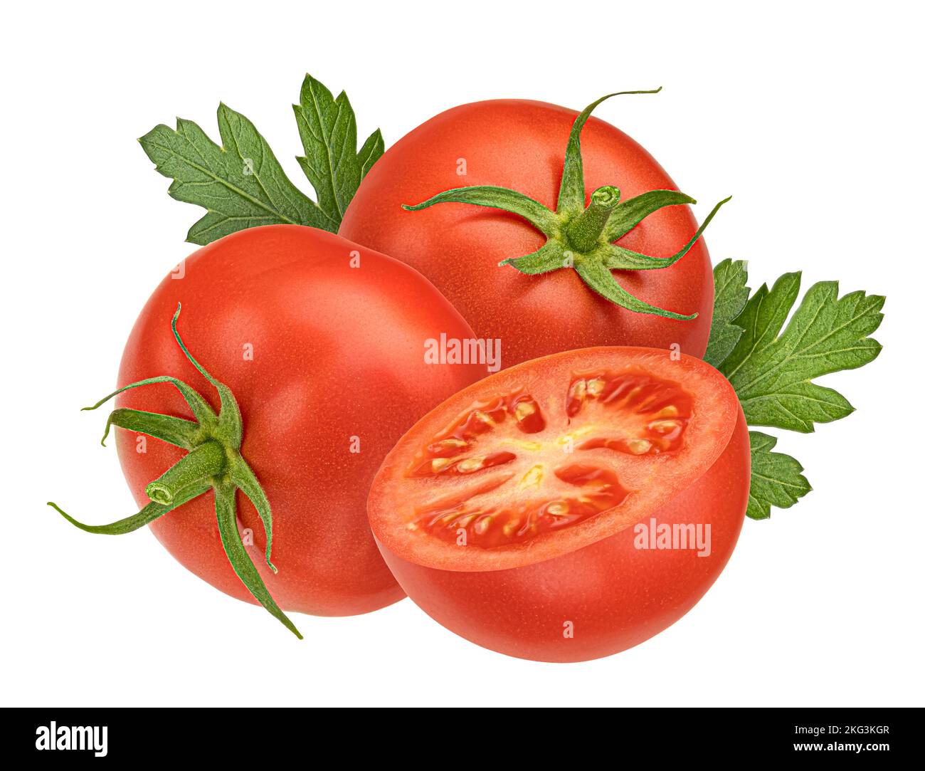 Pomodori ciliegini isolati su fondo bianco, profondità di campo piena Foto Stock