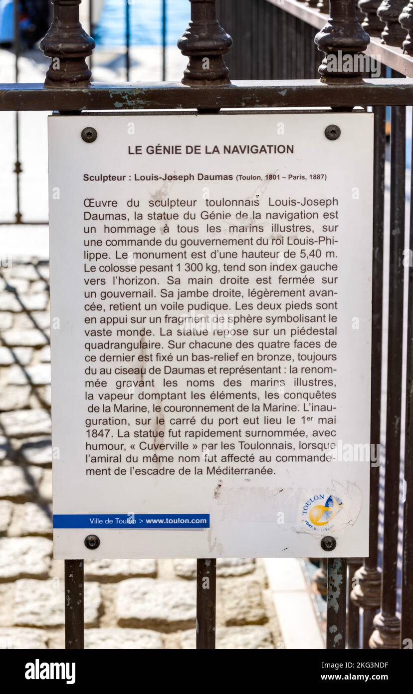 Informazioni cartello in francese su le Genie de la Navigation, lungomare, Porto di Tolone Francia Foto Stock