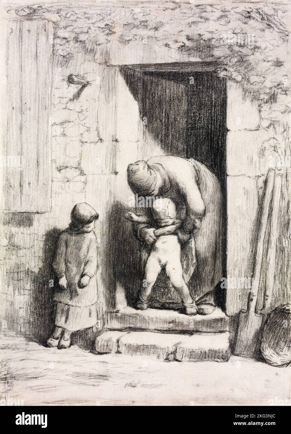 Jean-Francois Millet; sollecitudine materna; circa 1855-1857; gesso nero su carta; Museo delle Belle Arti, Budapest, Ungheria. Foto Stock