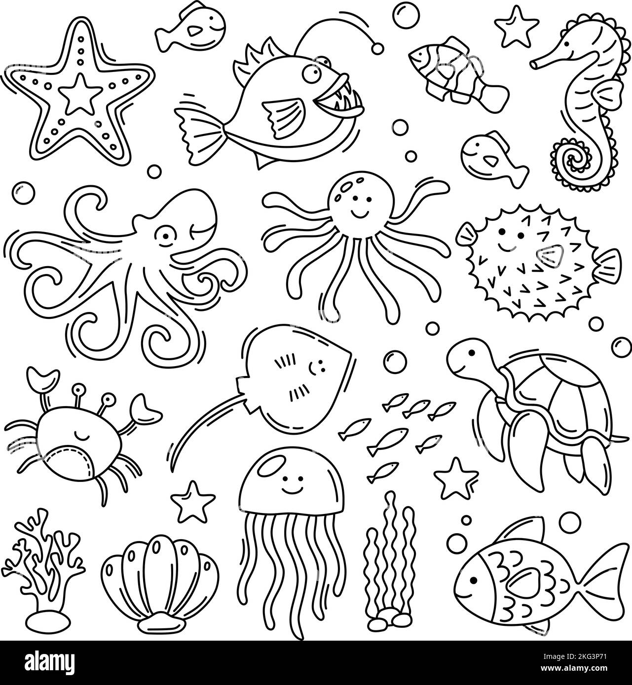 Felice collezione di animali da doodle subacquei. Set vita marina Illustrazione Vettoriale