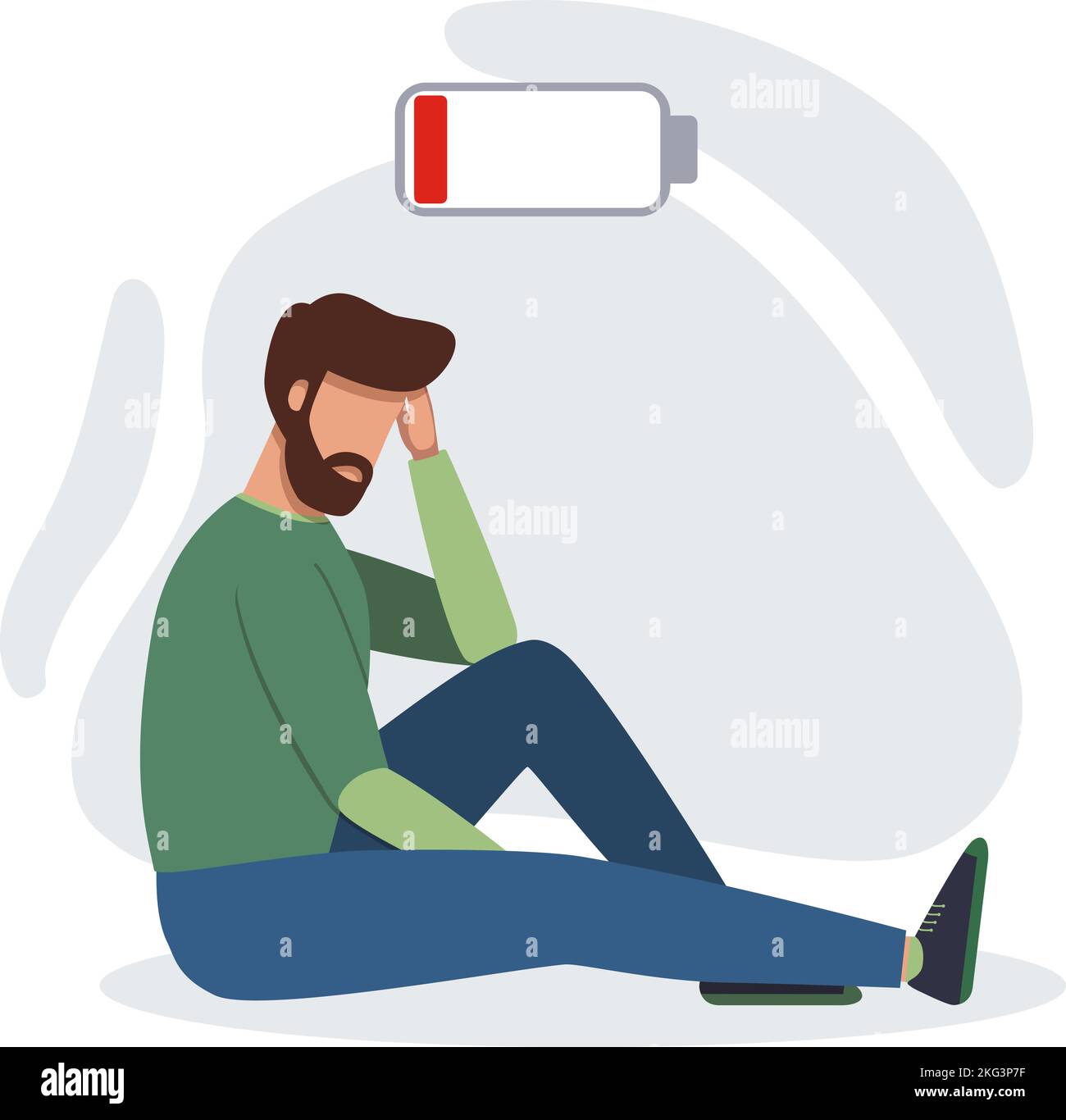 Stanco burnout uomo seduto sul pavimento. Concetto di bassa energia, burnout o depressione Illustrazione Vettoriale