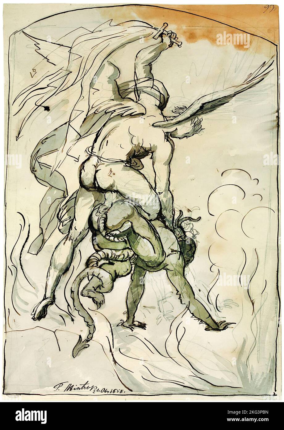 Theodor Mintrop; San Michael Fighting the Devil; 1858; penna a inchiostro su carta; Museum Kunstpalast, Dusseldorf, Germania. Foto Stock