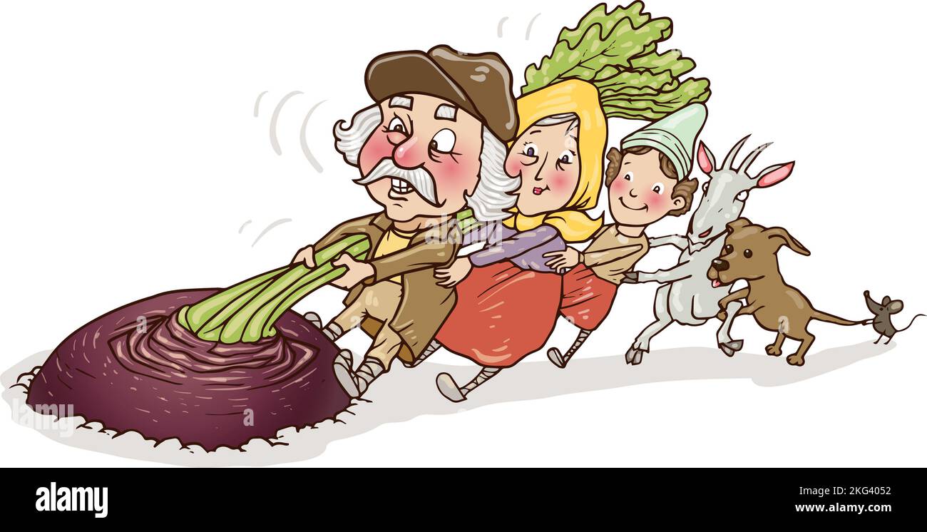 Arte che illustra la storia, il gigantesco Turnip, una favola russa pubblicata per la prima volta da Alexander Afanasyev, simile da Brothers Grimm. Concetto: Lavoro di squadra Foto Stock