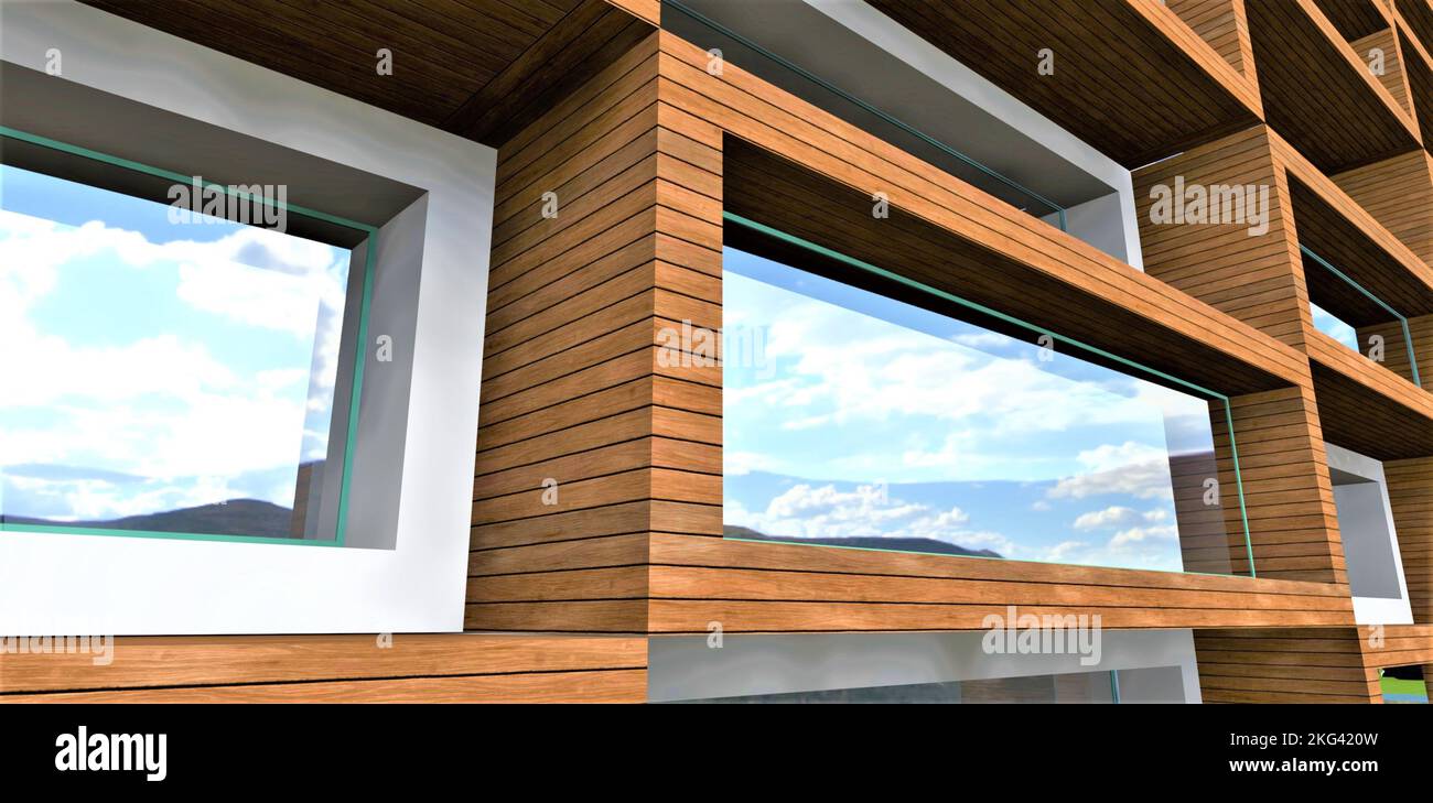 Combinazione di pannelli di facciata e intonaco bianco per la goffratura dell'esterno di una casa di appartamenti di lusso. Banner adatto per l'affitto di immobili advertisi Foto Stock