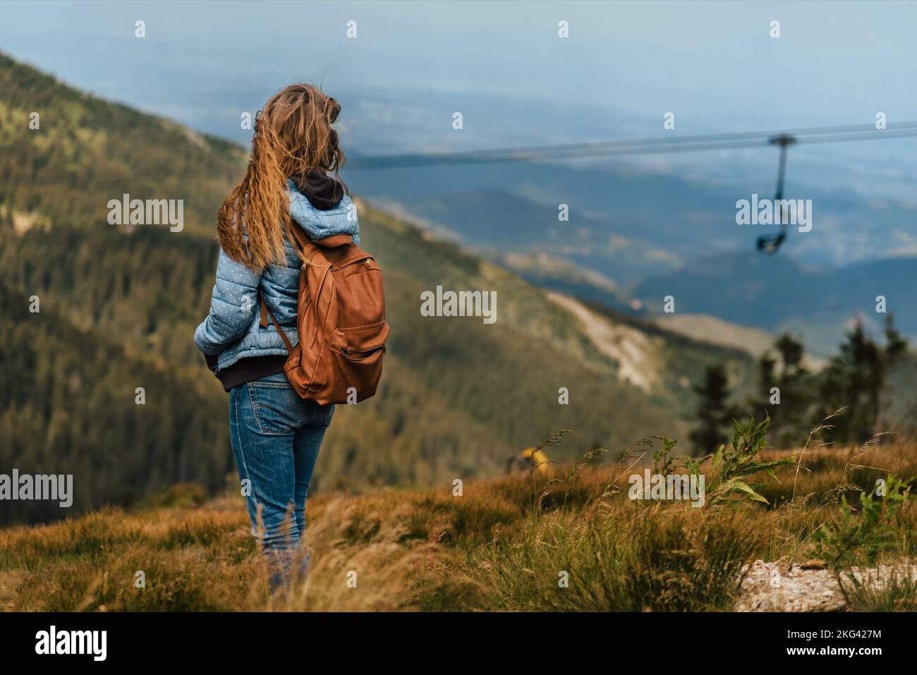 Donna che guarda il paesaggio di montagna in estate Foto Stock
